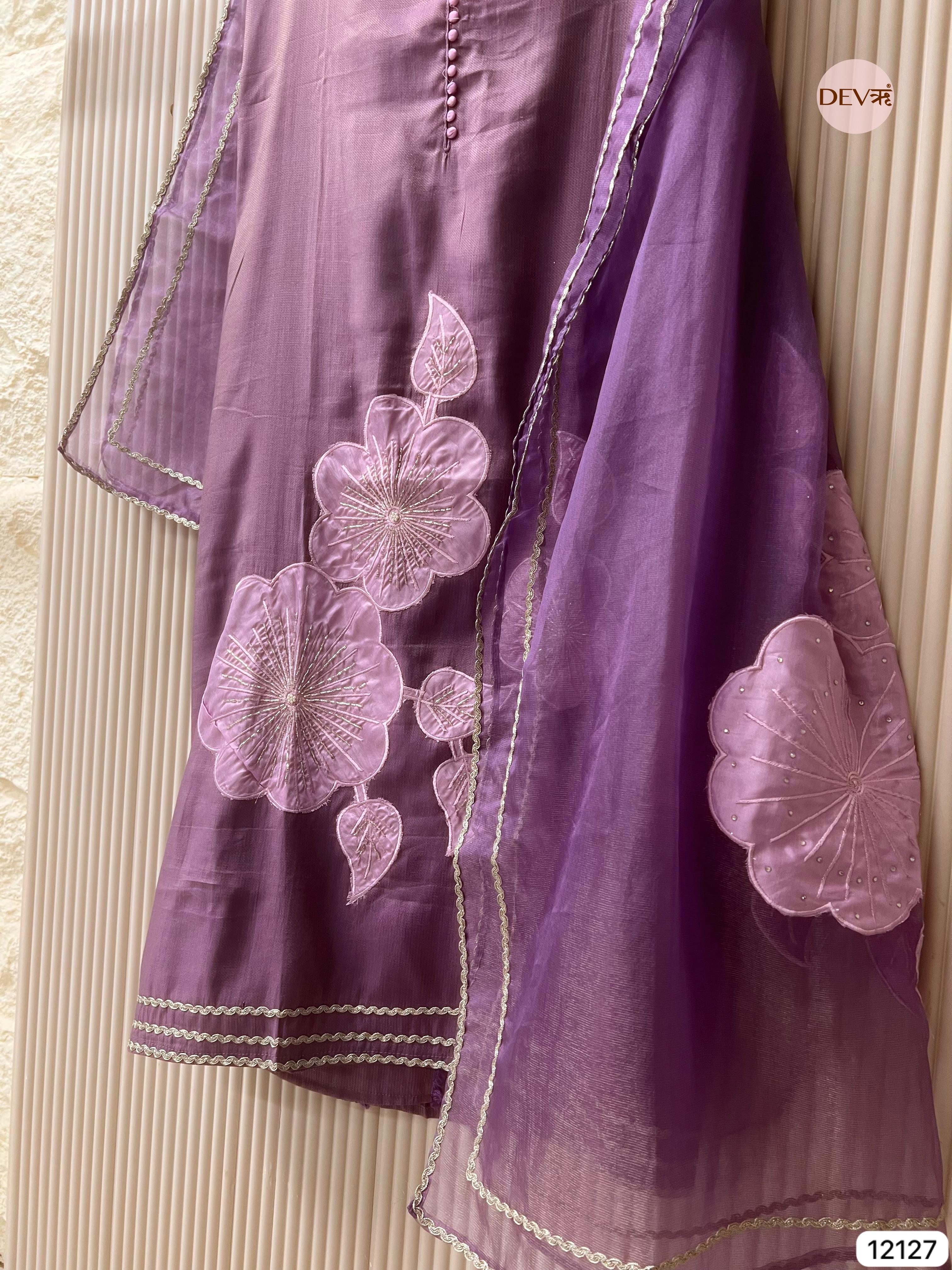 Purple Shimmer Silk Unstitched Applique Embroidered -Set Of 3 - {12127}