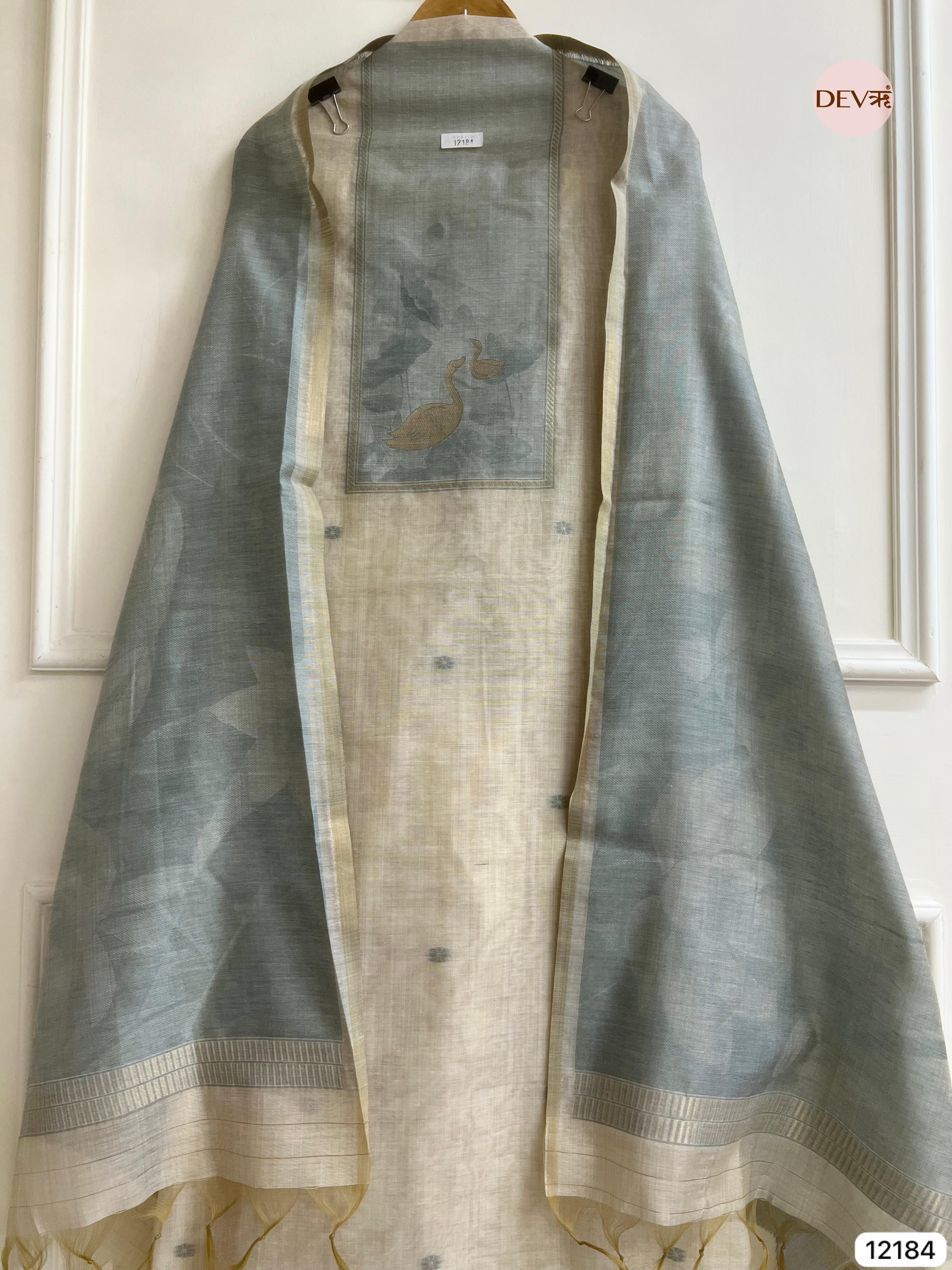 Off White Pure Jamdhani Silk Unstitched Banarasi Woven -Set Of 3 - {12184}