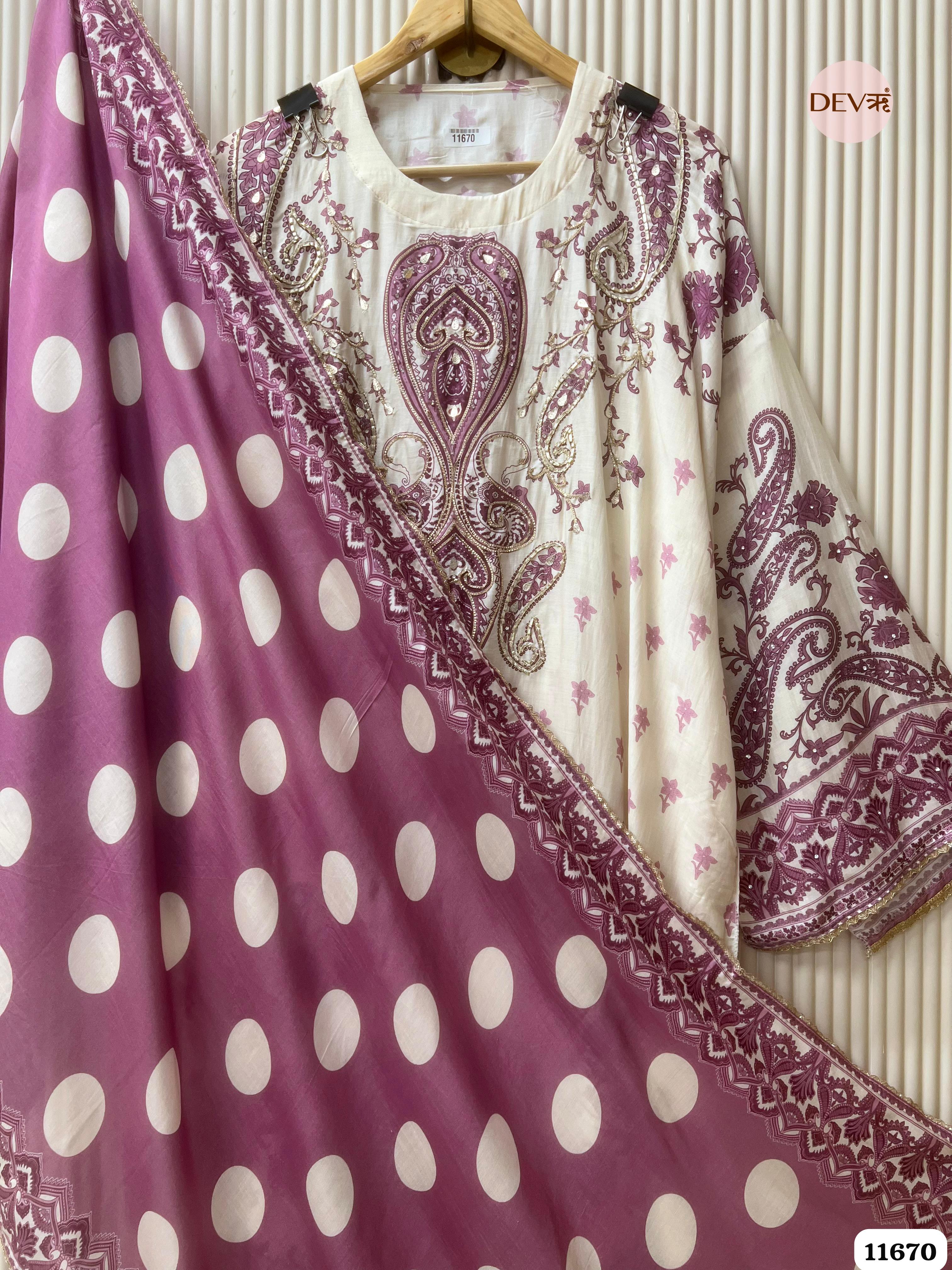 Off White/ purple Muslin Printed Semi Stitched Hand Embroidered -Set Of 3 - {11670}