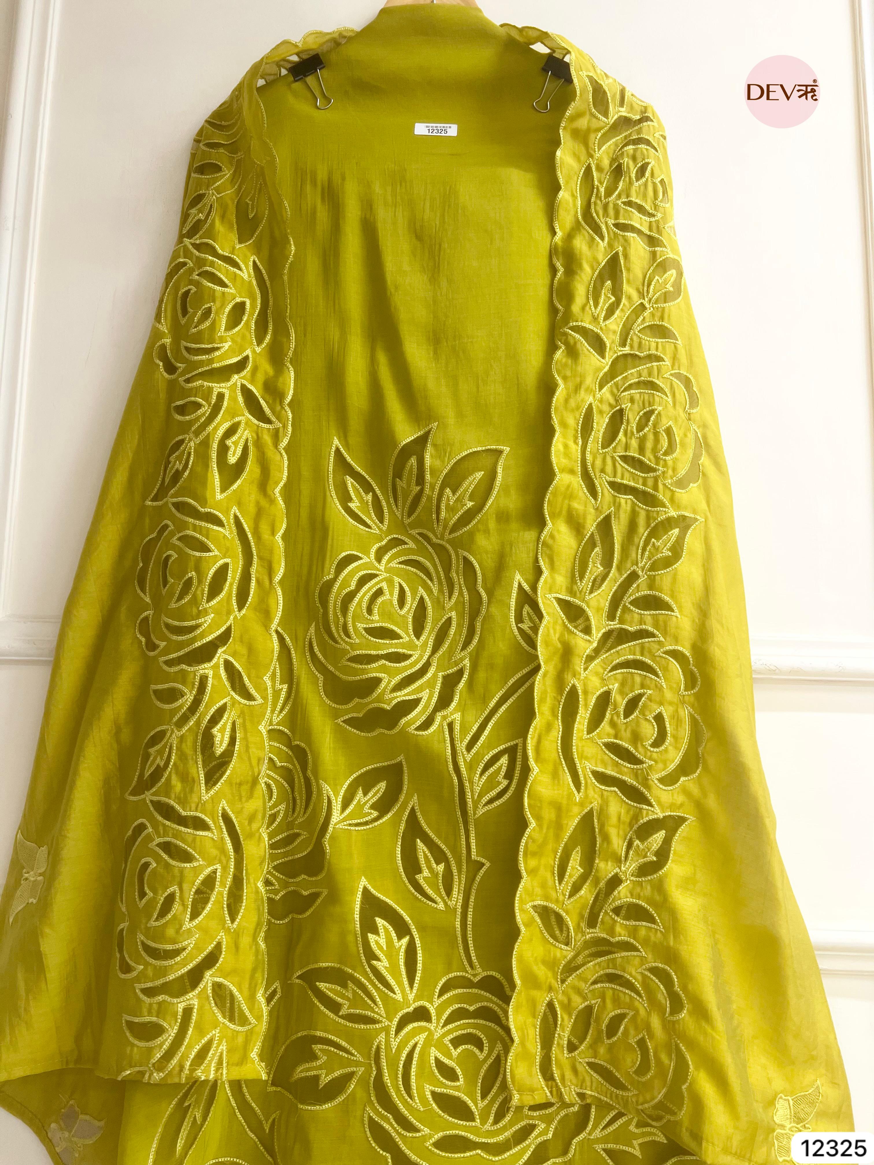 Lime Green Mul Chanderi Embroidered Unstitched 3-Piece Suit (Devri – D.No 12325)