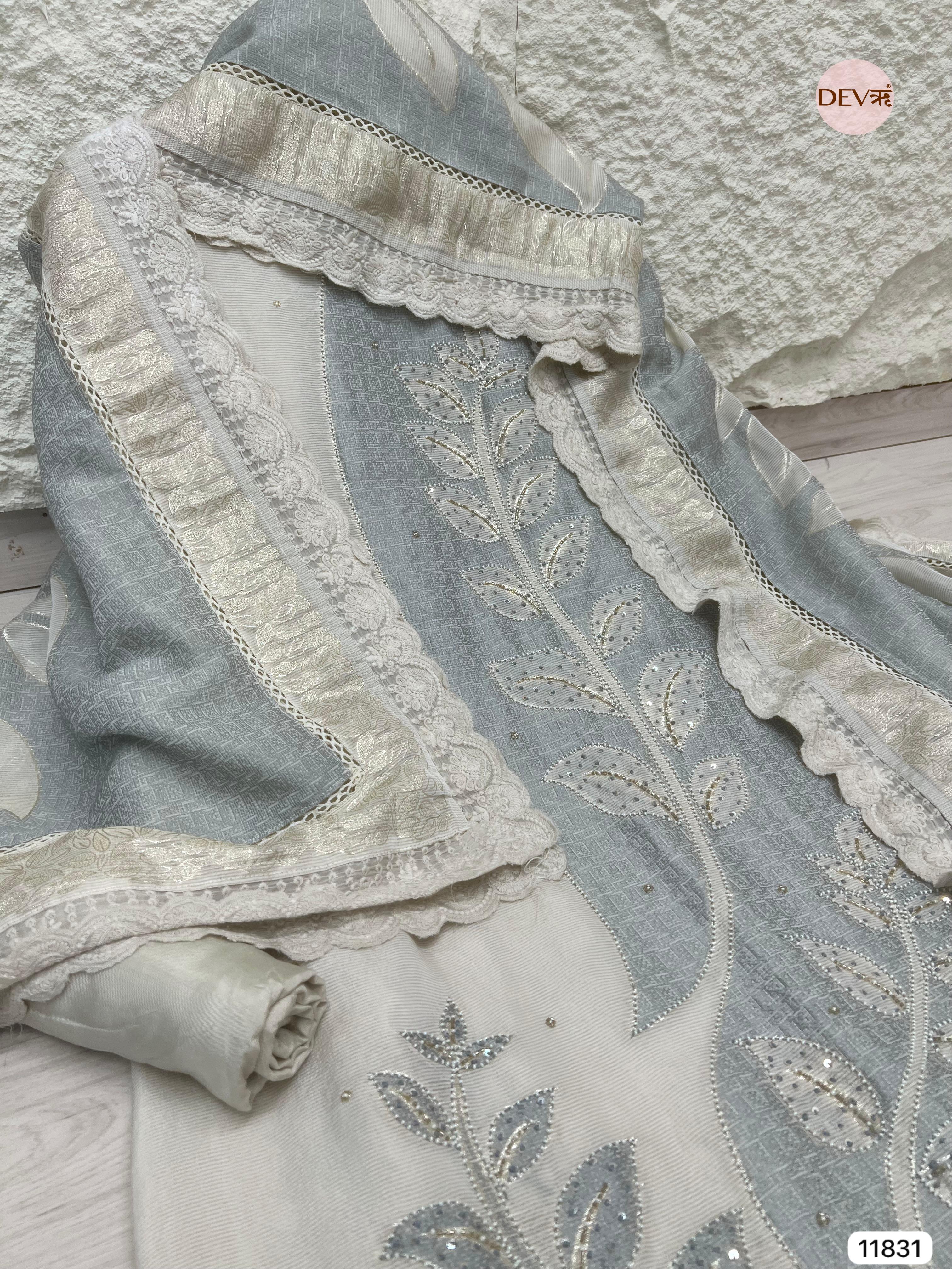 Light Grey/Silver Shimmer Silk Banarasi Weave Unstitched Hand Embroidered -Set Of 3- {11831}
