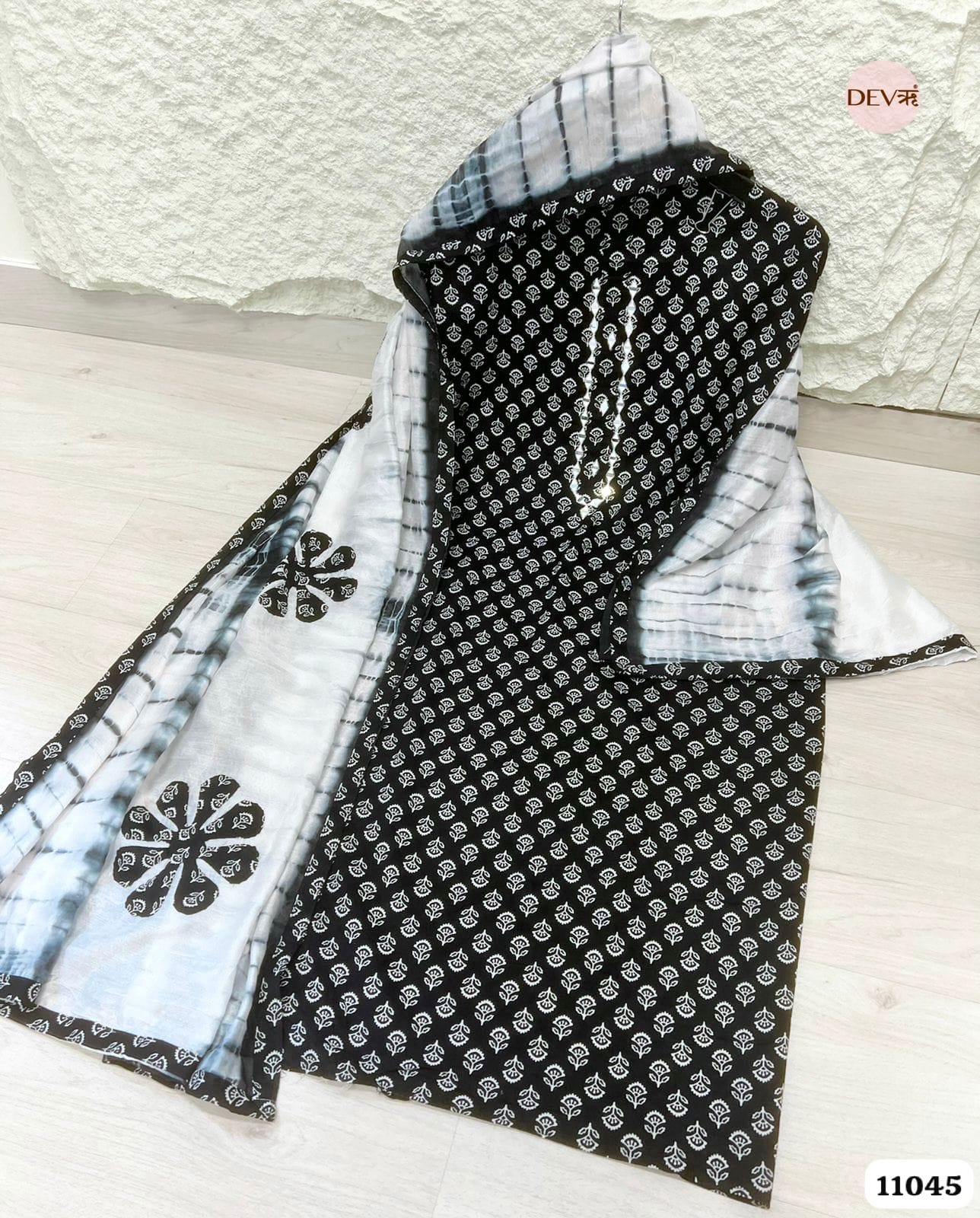 Black Cotton Printed Unstitched Hand Embroidered -Set Of 3 {11045}
