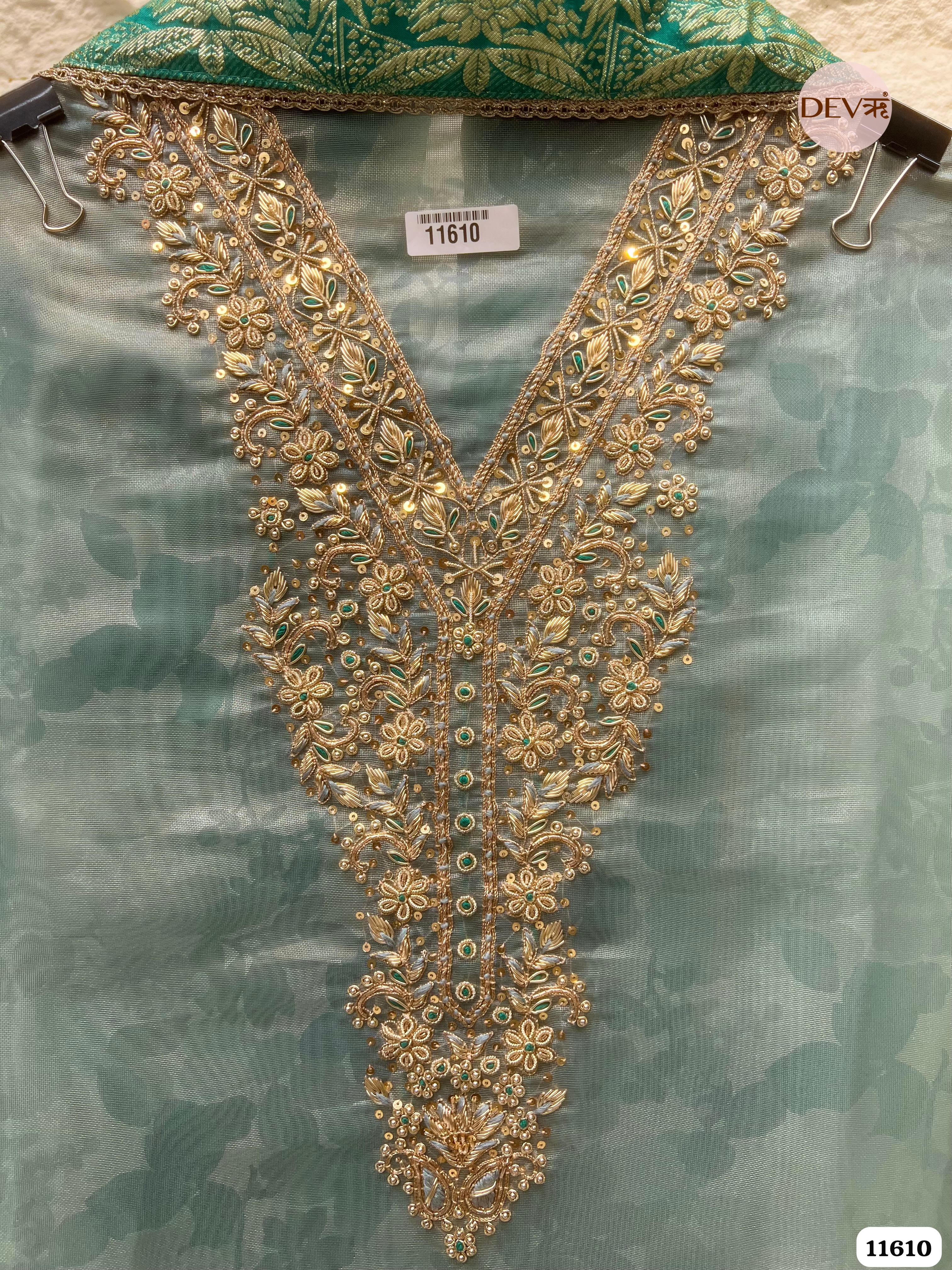 Green Silk Pure Tissue Organza Printed Unstitched Hand Embroidered -Set Of 3 {11610}