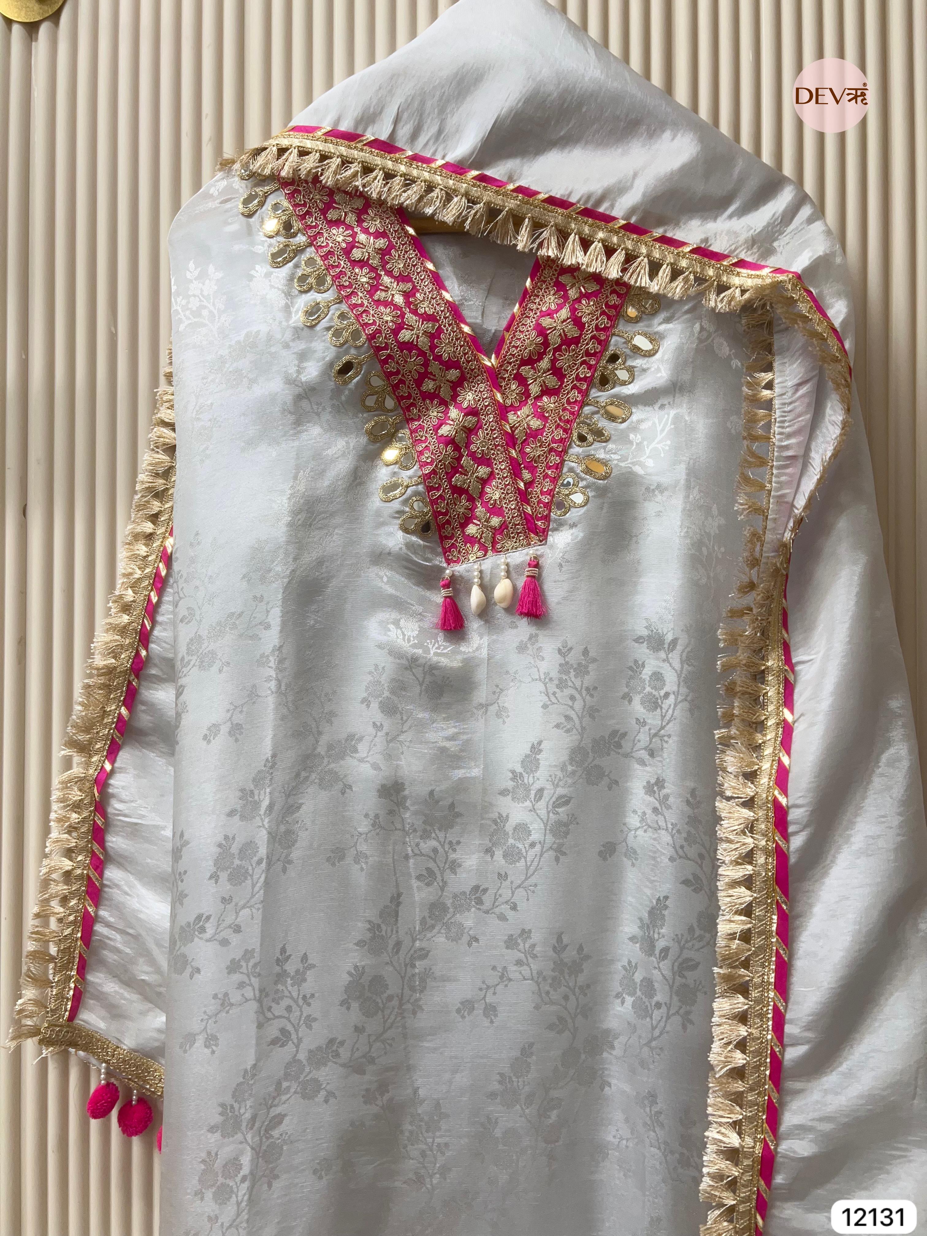 Silver off White Silk Unstitched - Set Of 3 - {12131}