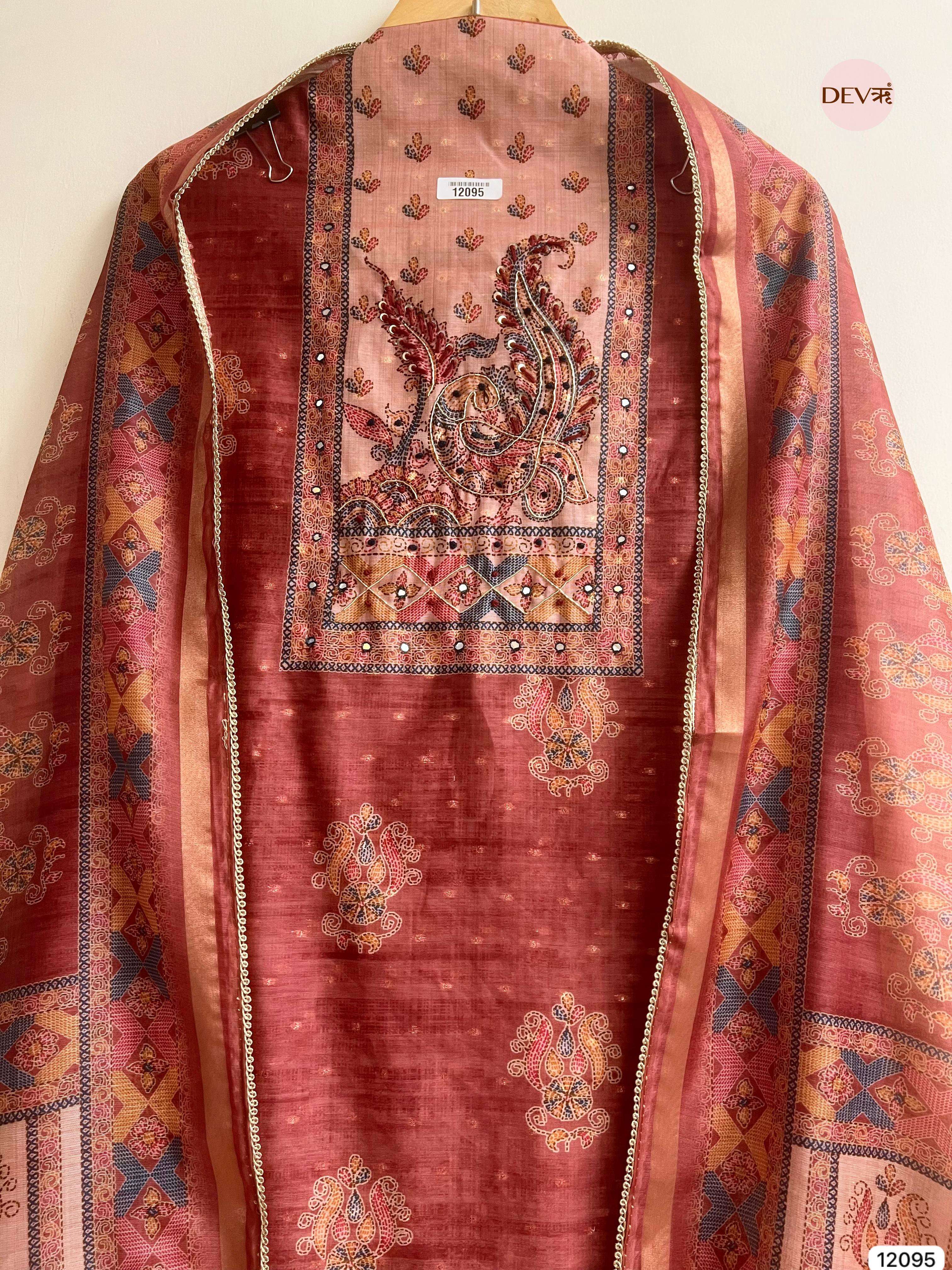 Red Tusser Khadi Silk Printed Unstitched Hand Embroidered -Set Of 3 - {12095}