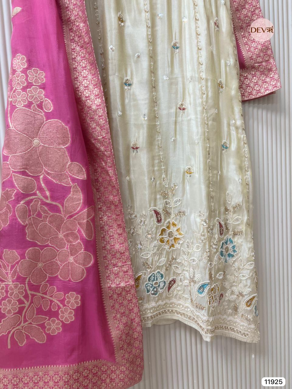 Cream Colour Tissue Shimmer Silk Unstitched Hand Embroidered -Set Of 3 - {11925}
