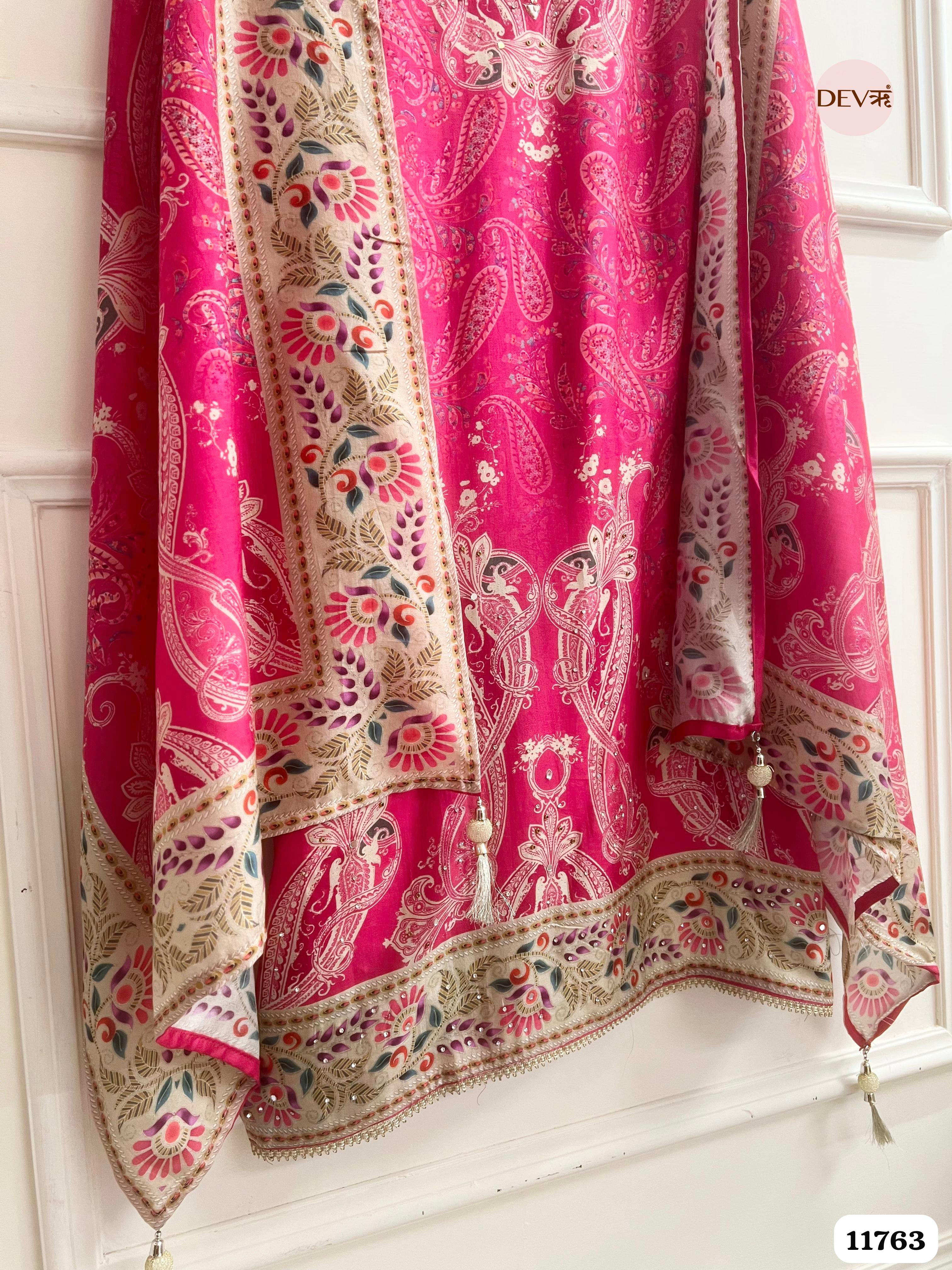 Pink Russian Silk Unstitched Hand Embroidered -Set Of 3 {11763}
