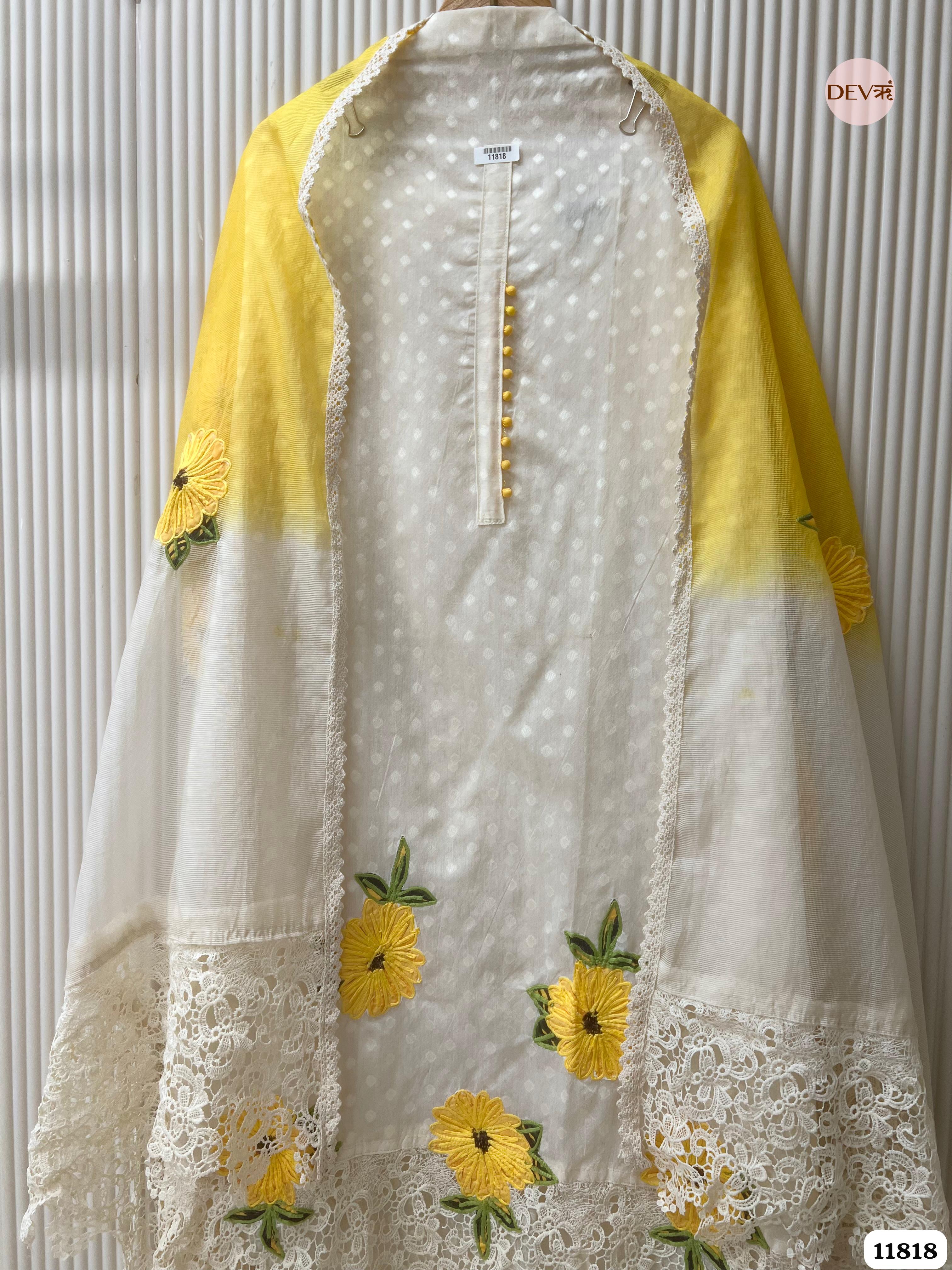 White Mul Chanderi Unstitched Embroidered Crocia Laces -Set Of 3