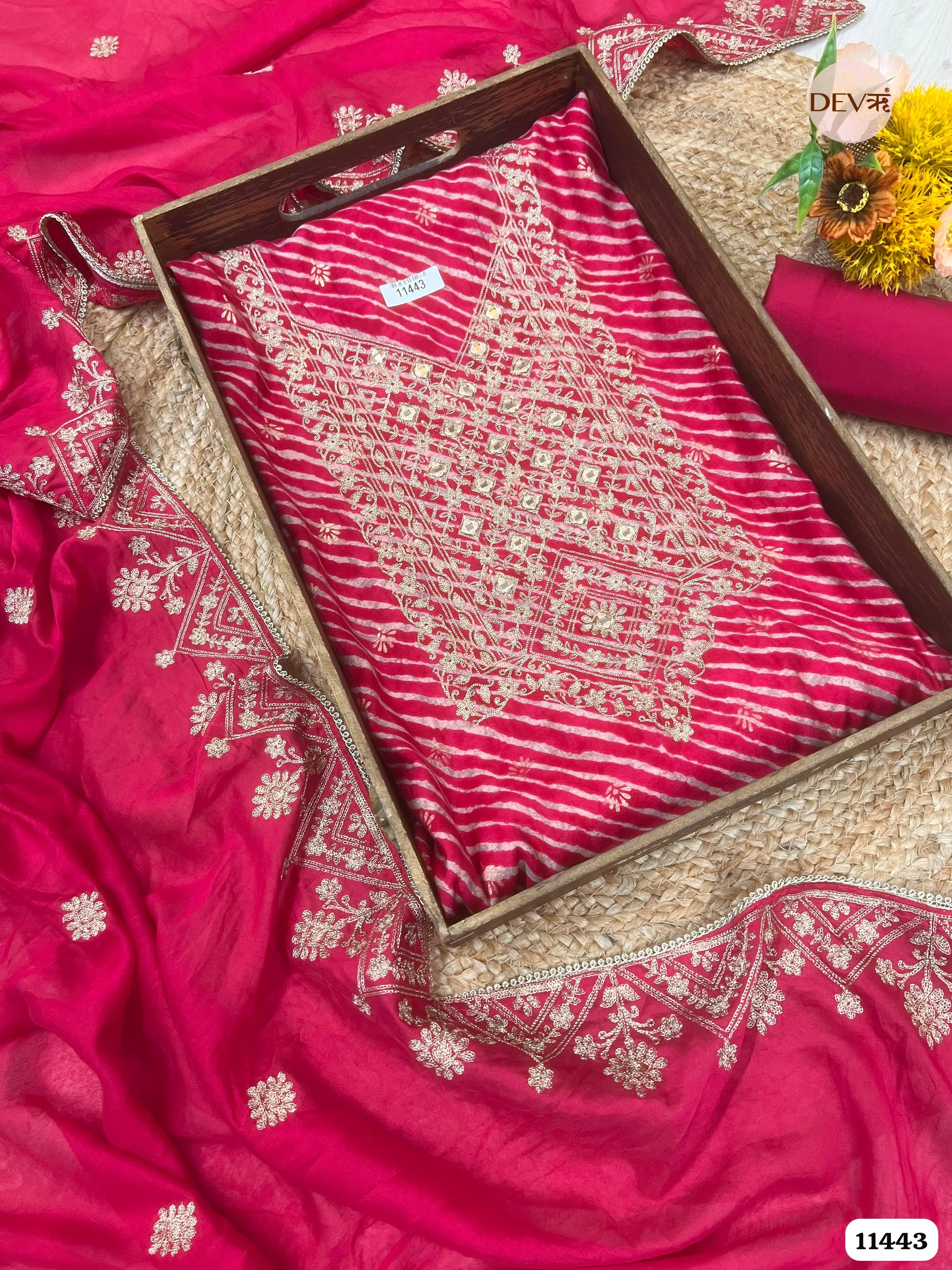 Rani Pink Modal Silk Unstitched Printed Embroidered -Set Of 3 {11443}