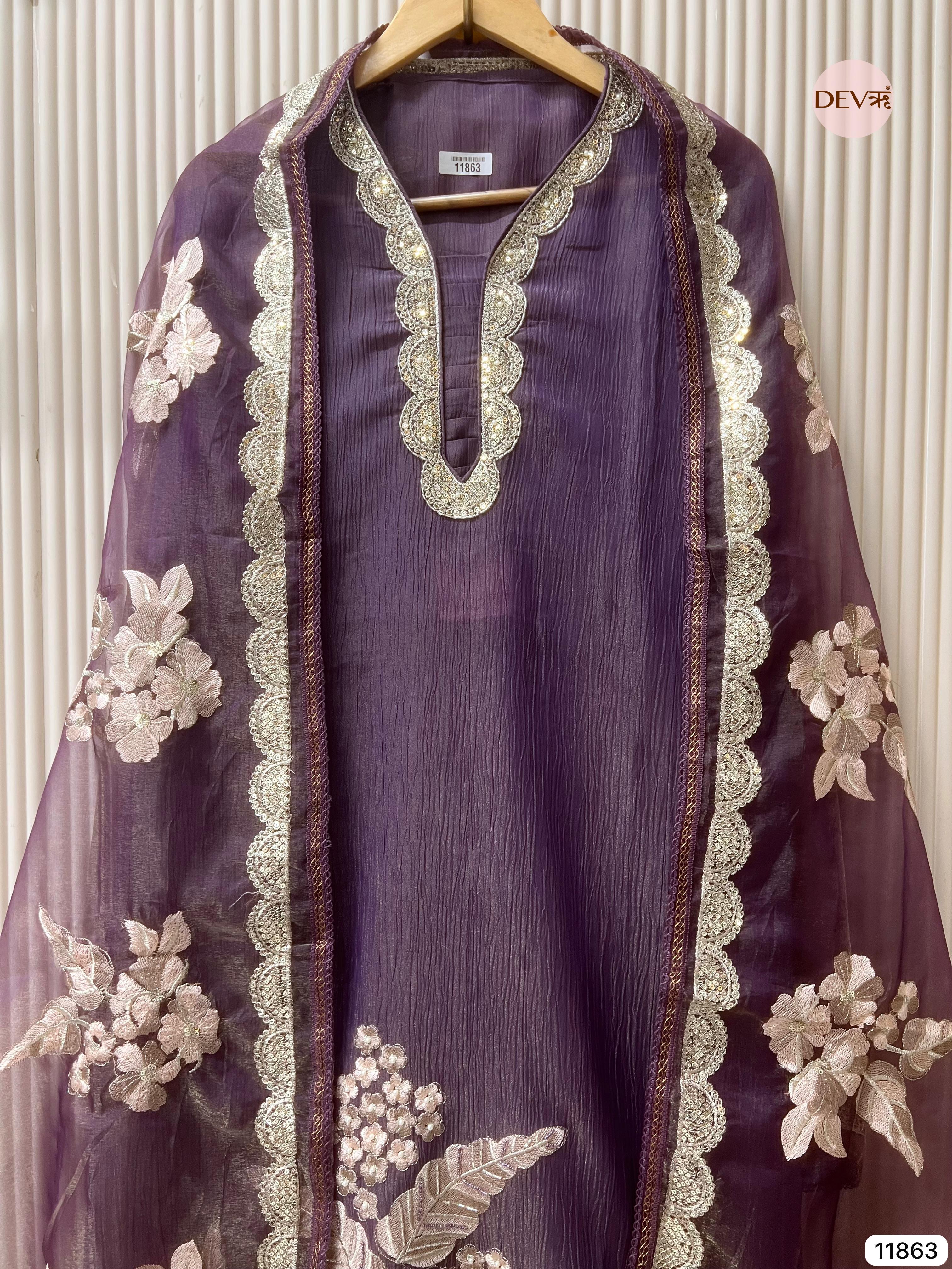 Purple Tissue crush silk unstitched embroidered -Set Of 3- {11863}