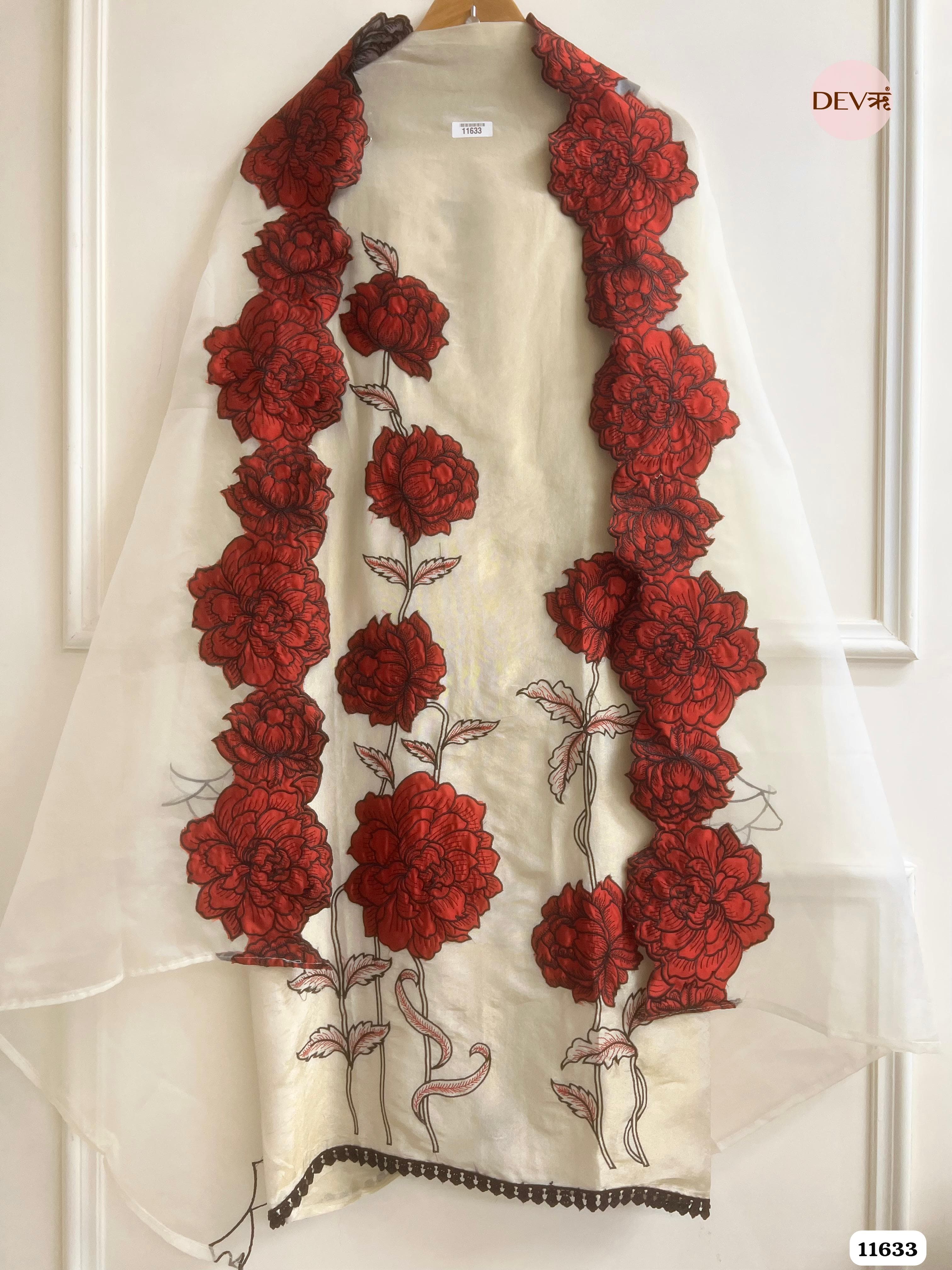 Off White Tissue Silk Unstitched Embroidered -Set Of 3 {11633}