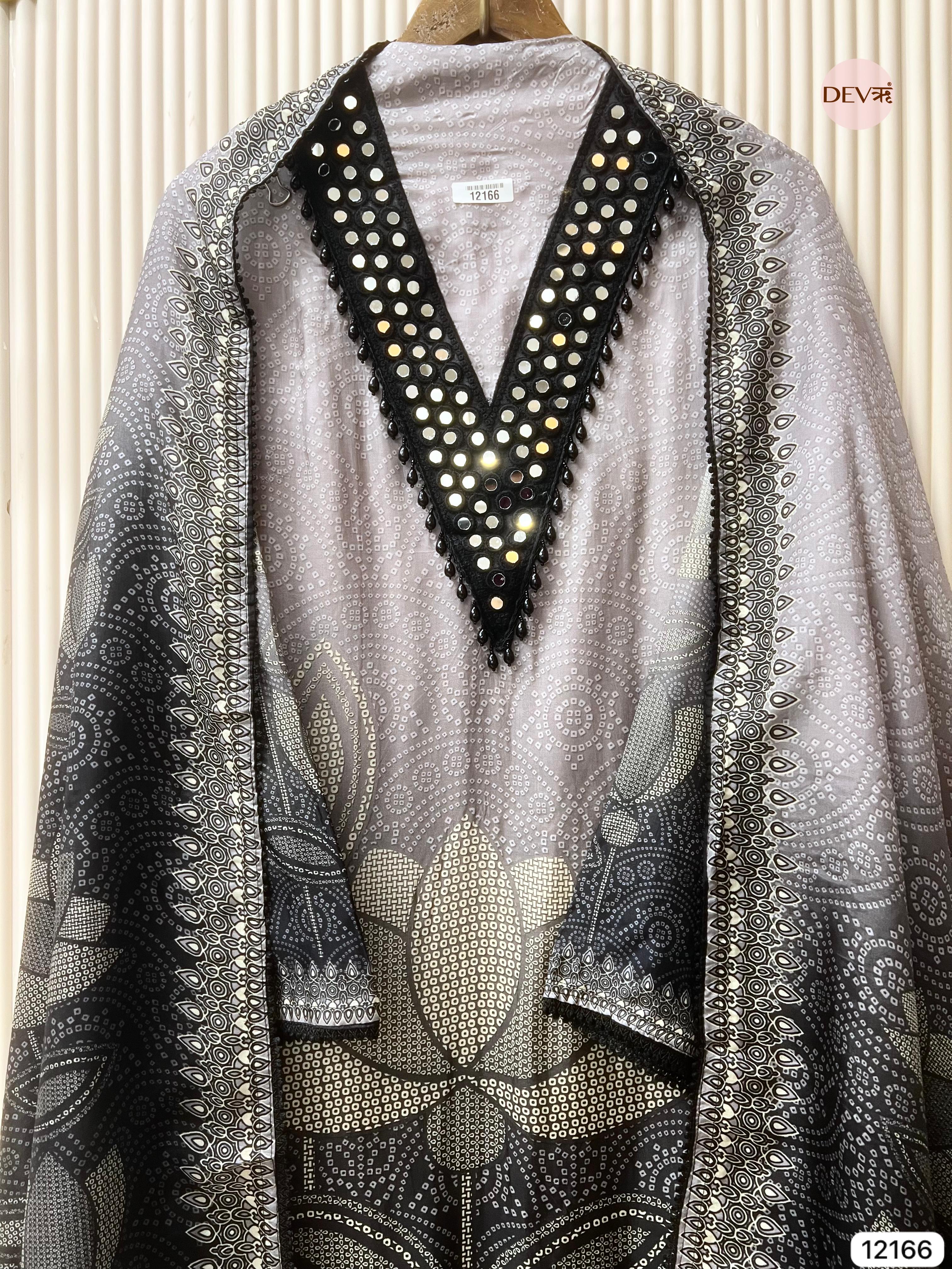 Grey Muslin Semi stitched Bandhani Print -Set Of 3 - {12166}