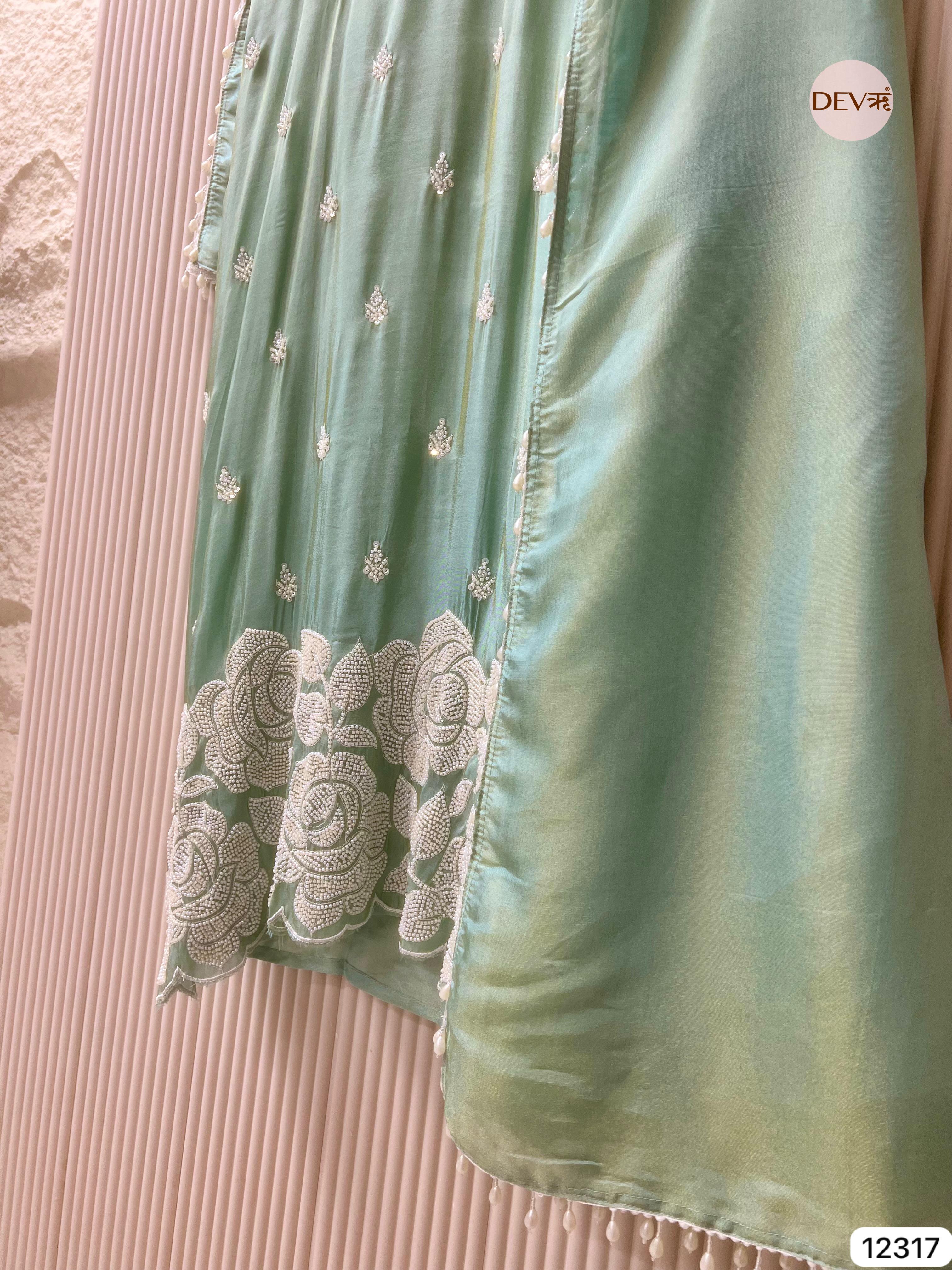 Mint Green Shimmer Silk Embroidered Unstitched 3-Piece Suit (Devri – D.No 12317)