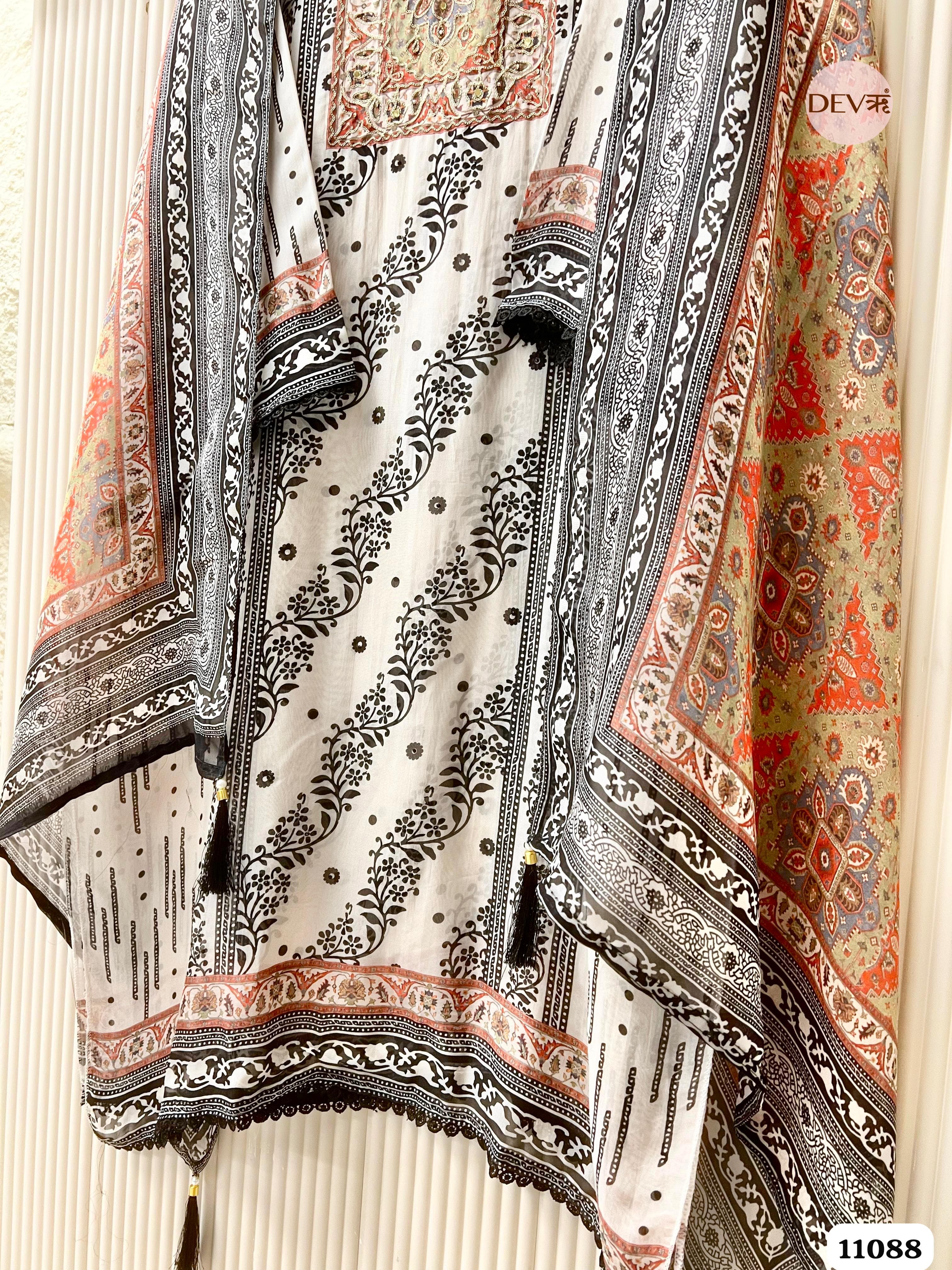 Beige Organza Printed Semi Stitched Hand Embroidered -Set Of 3 {11088}