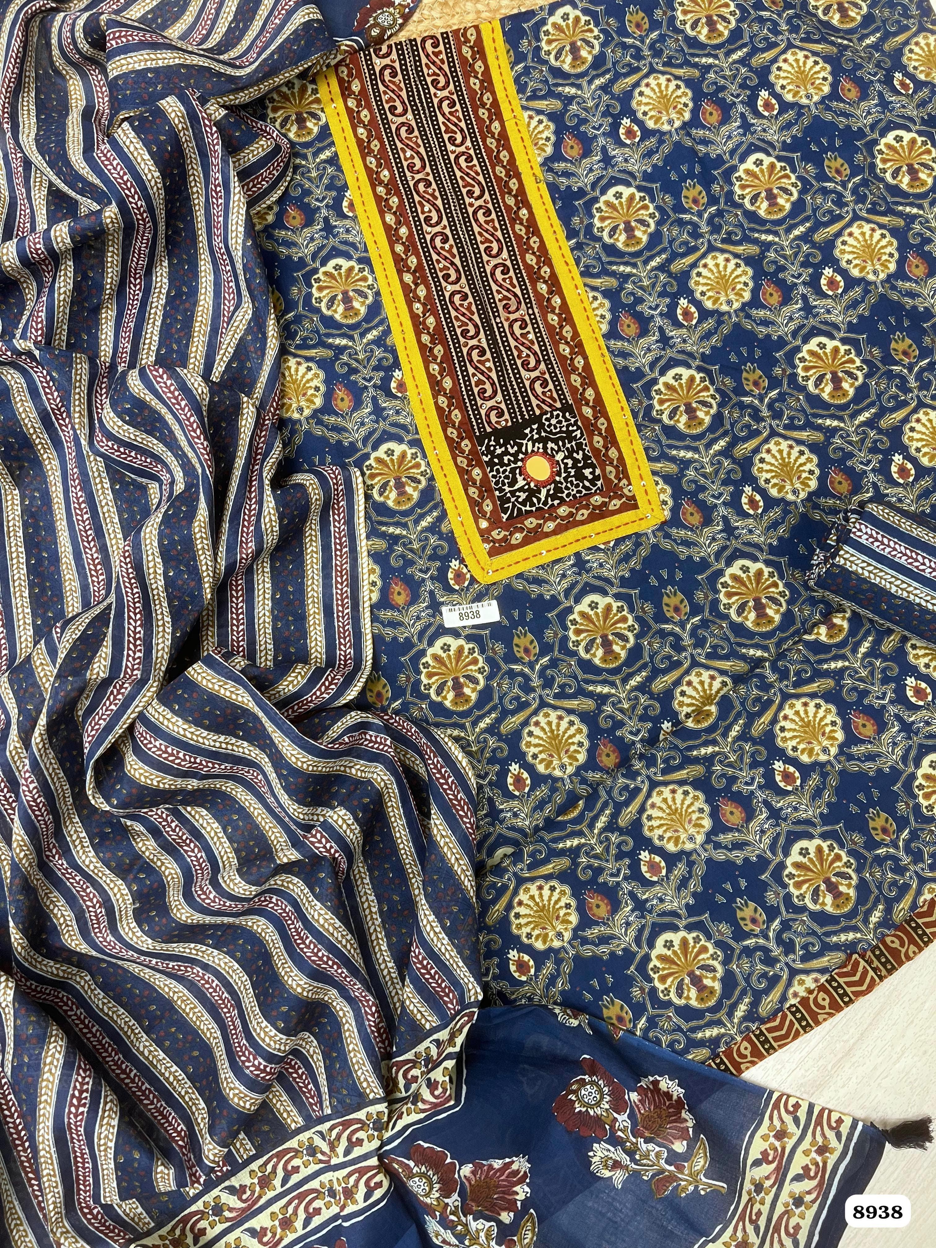 Blue Cotton Printed Unstitched Hand Embroidered -Set Of 3 {8938}