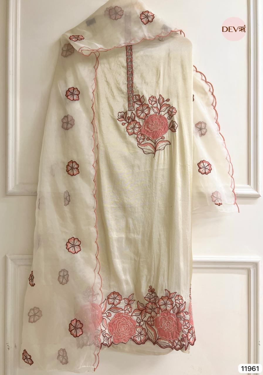 Ivory Tissue Shimmer Embroidered Unstitched 3-Piece Suit (Devri – D.No 11961)
