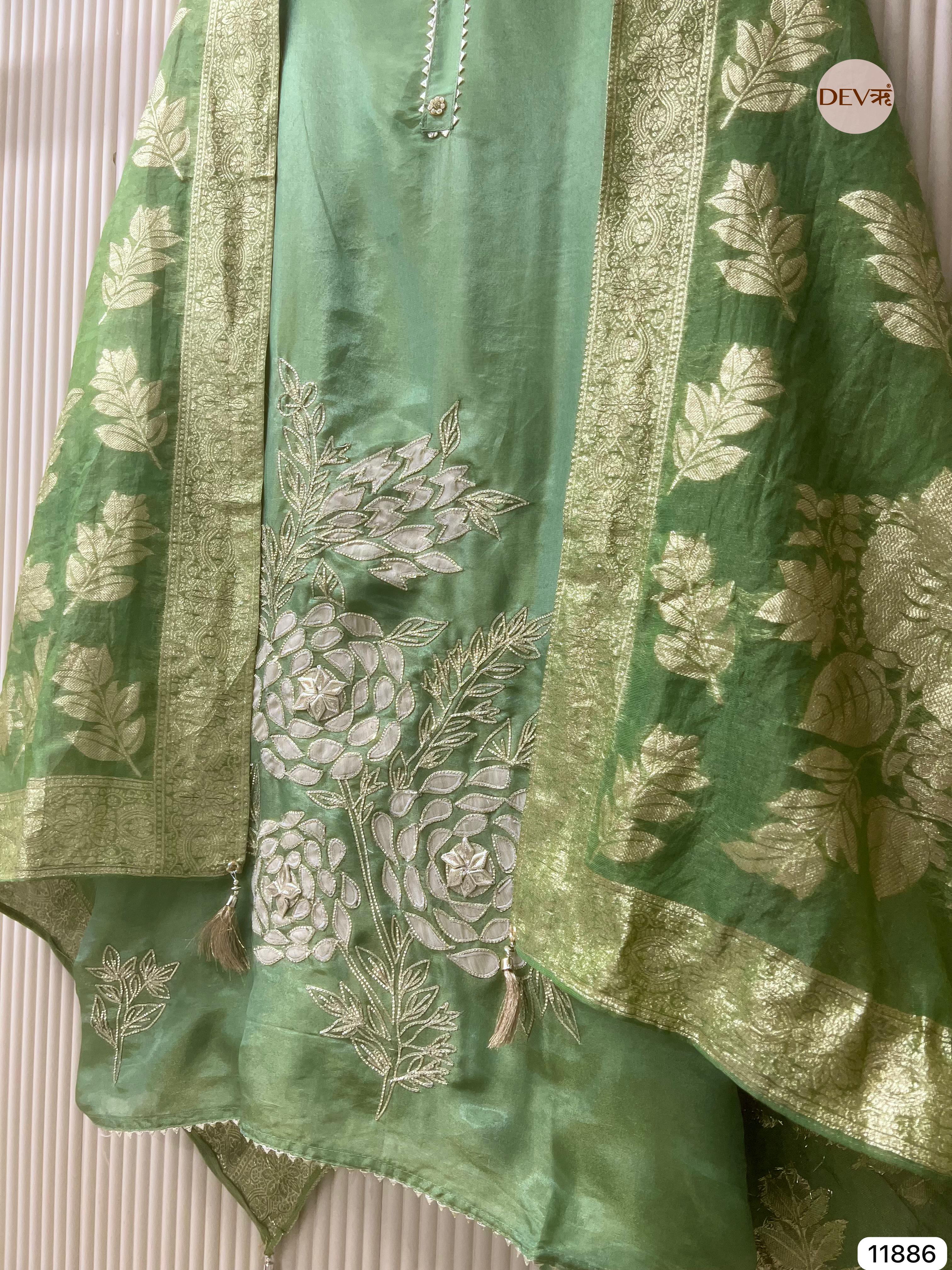 Green Tissue Shimmer Silk Unstitched Hand Embroidered -Set Of 3 - {11886}