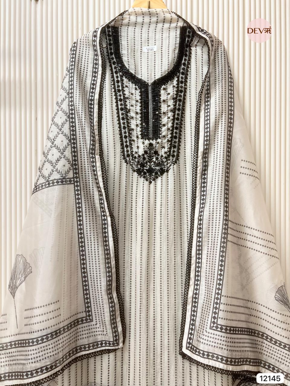 Off White Pure Organza Unstitched Printed Hand Embroidered -Set Of 3 - {12145}