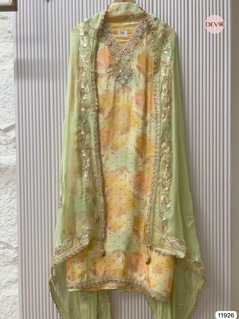 Light Green Glass Tissue Silk Unstitched Printed Hand Embroidered -Set Of 3 - {11926}