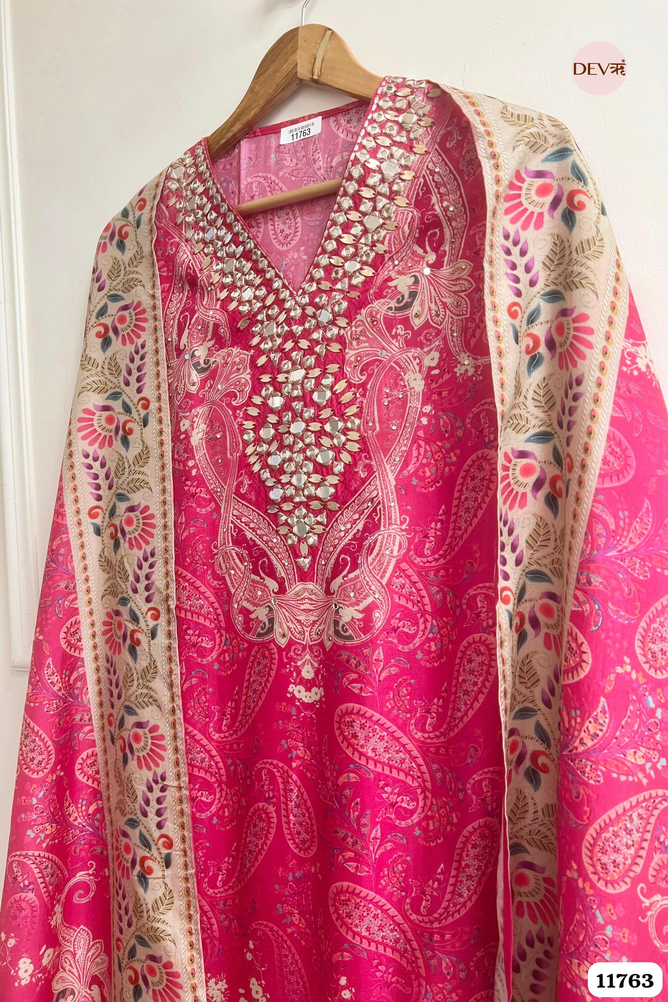 Pink Russian Silk Unstitched Hand Embroidered -Set Of 3 {11763}