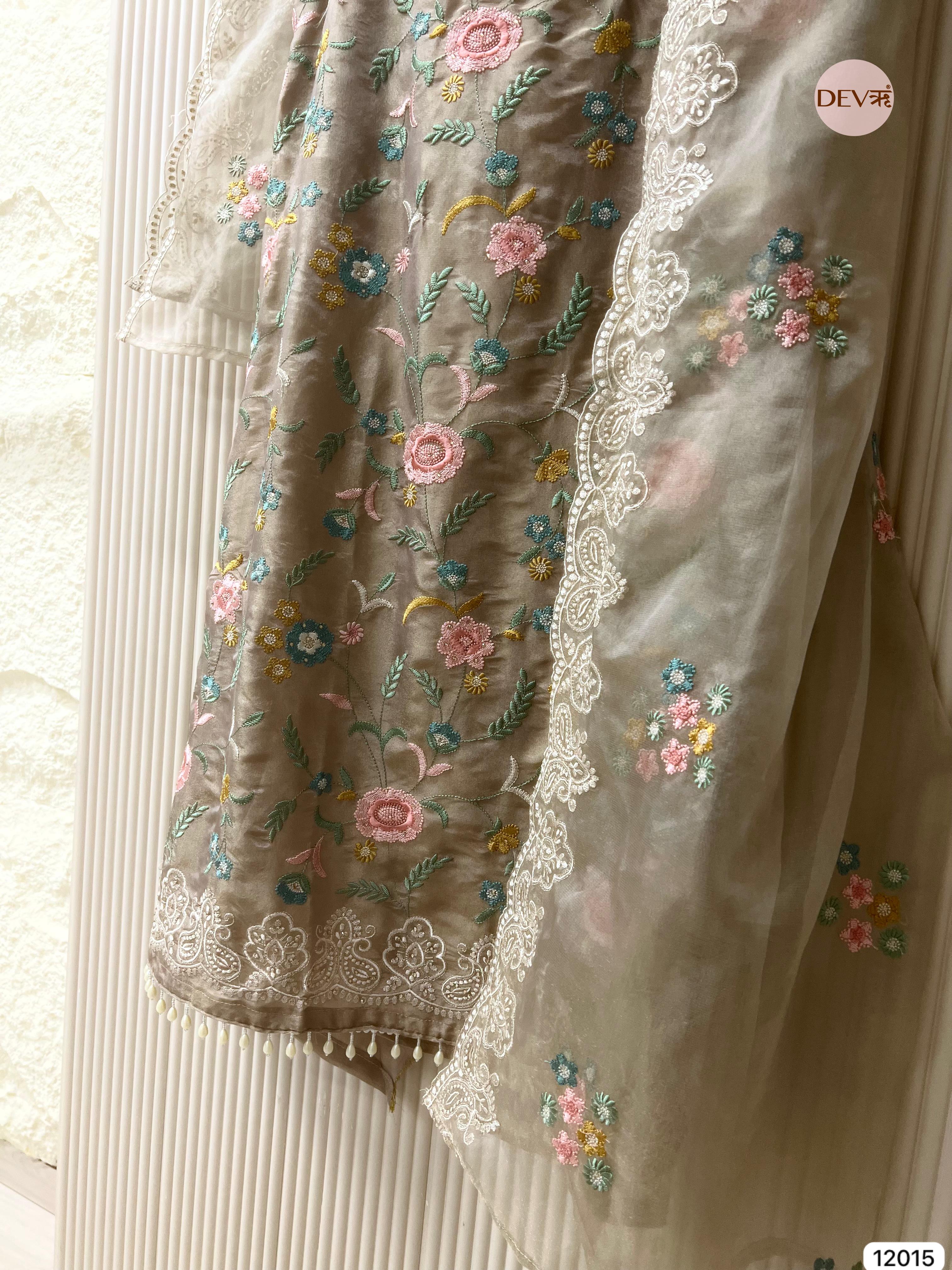 Grey Shimmer Tissue Silk Unstitched Embroidered -Set Of 3 - {12015}