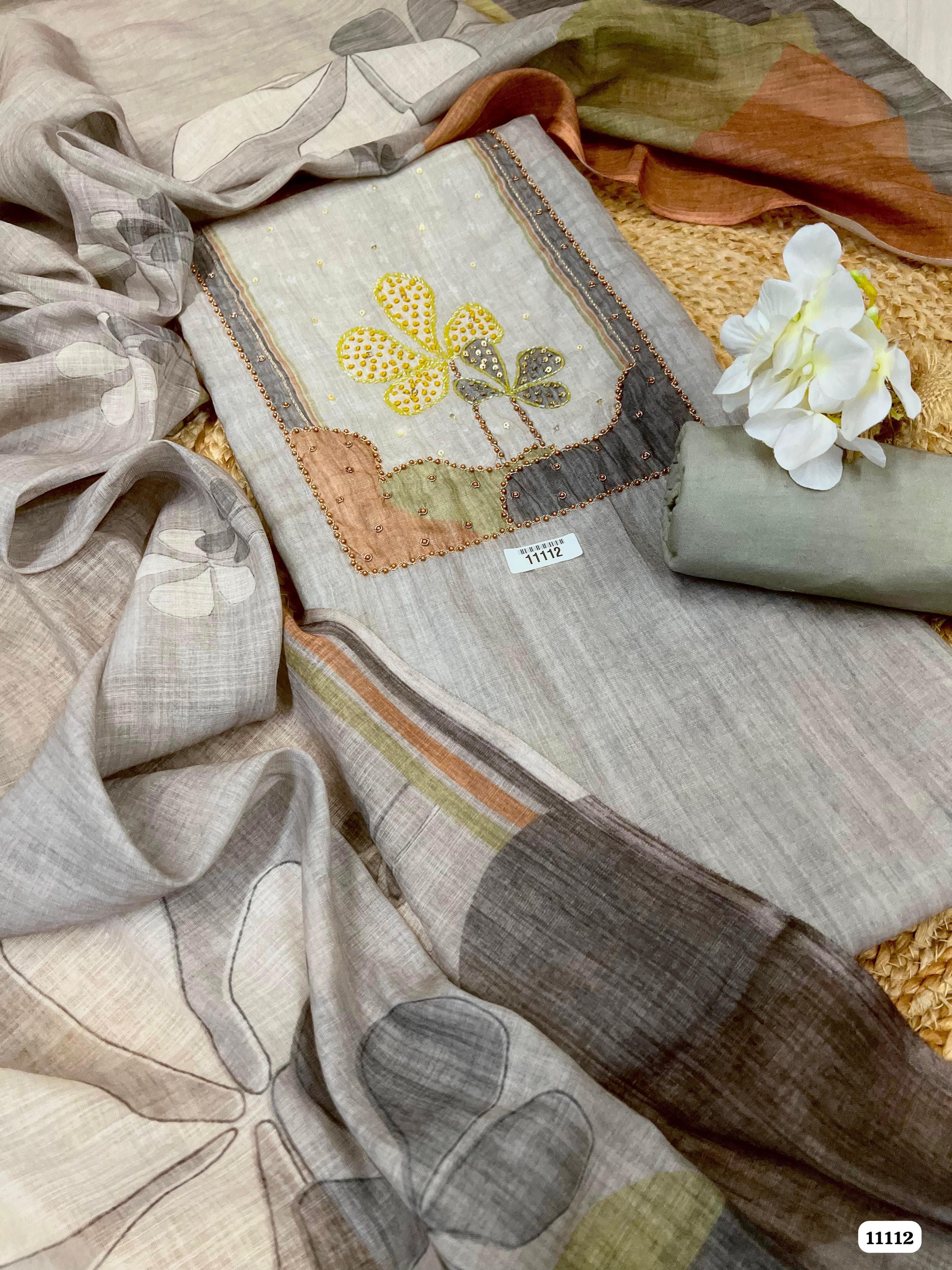 Grey Linen Printed Unstitched Hand Emboidered-Set Of 3 {11112}