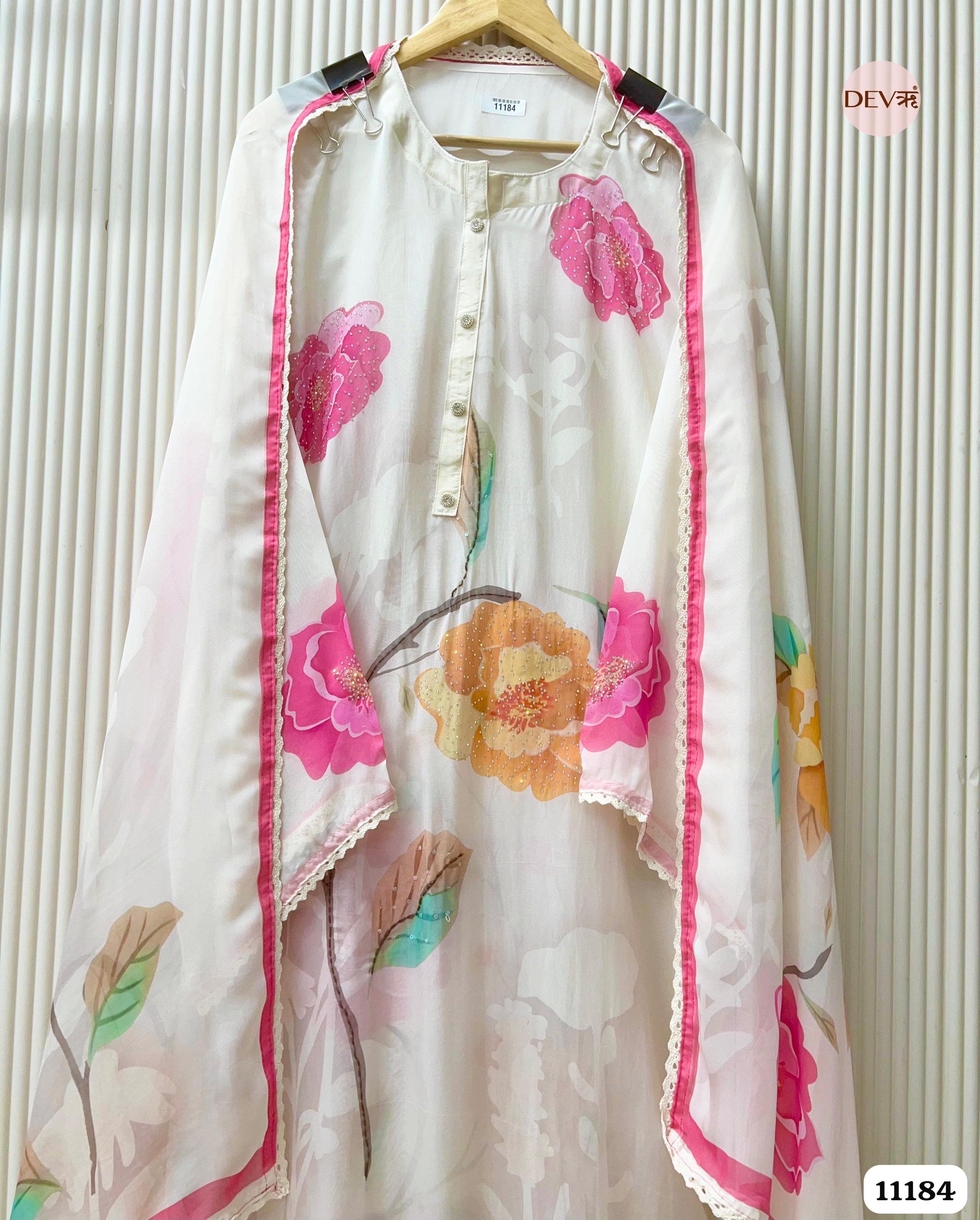 White Organza Printed Semi Stitched -Set Of 3 {11184}