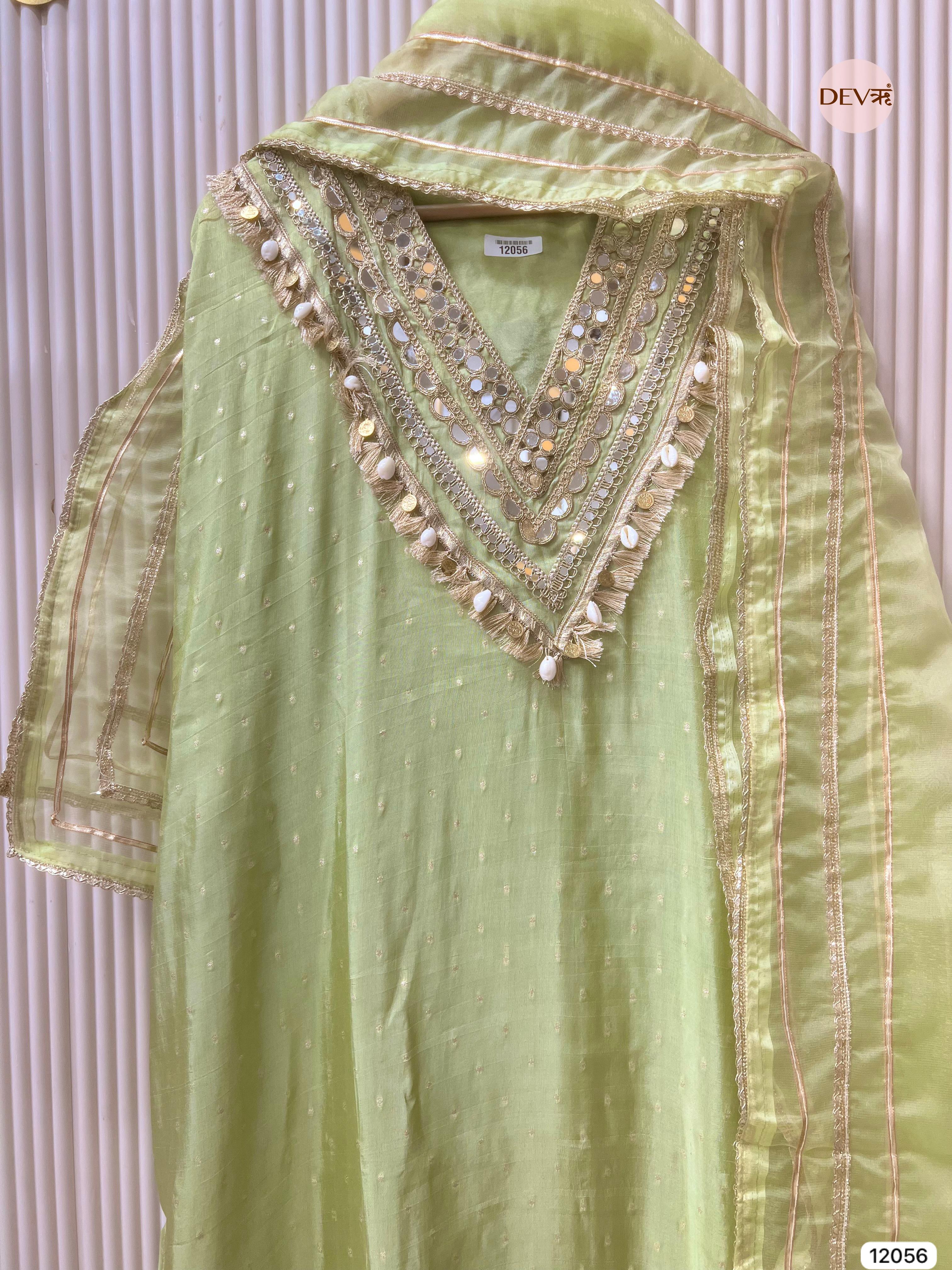 Lime Green Shimmer Tissue Hand Embroidered -Set Of 3 feet- {12056}