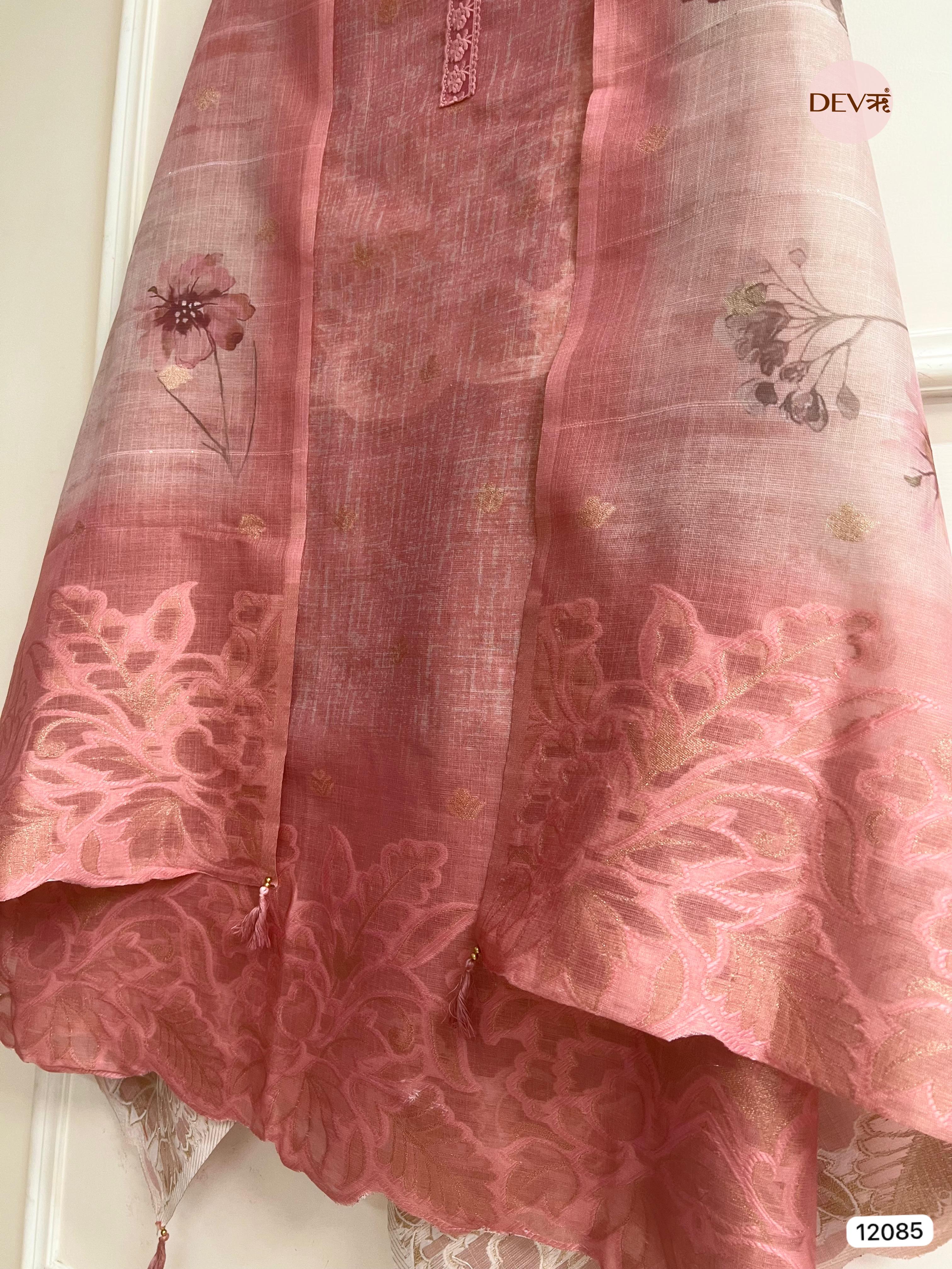 Pink Pure Raw Unstitched Silk Thread Woven Embroidered -Set Of 3 - {12085}