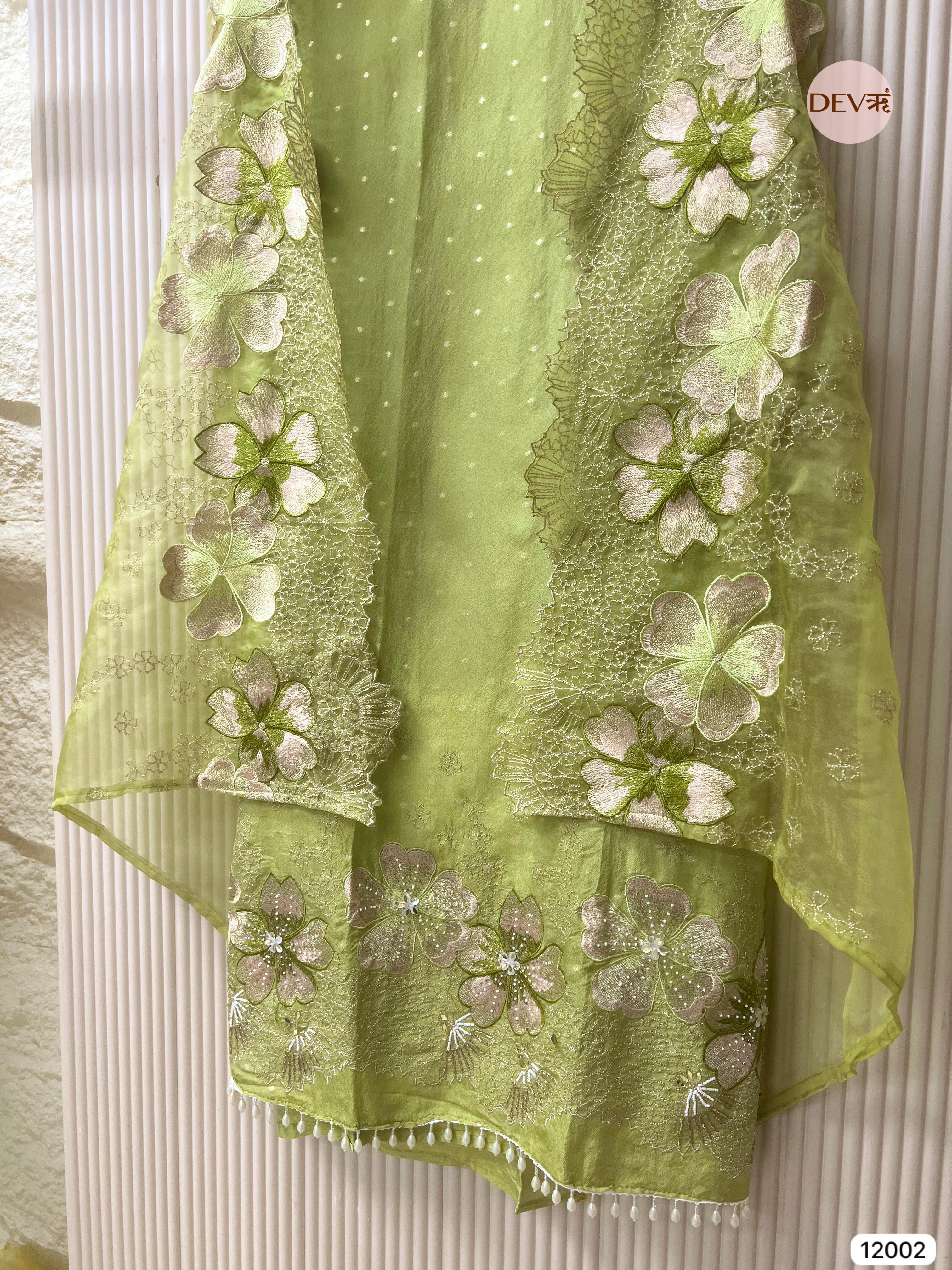 Green Tissue Shimmer Silk Unstitched Embroidered -Set Of 3 - {12002}