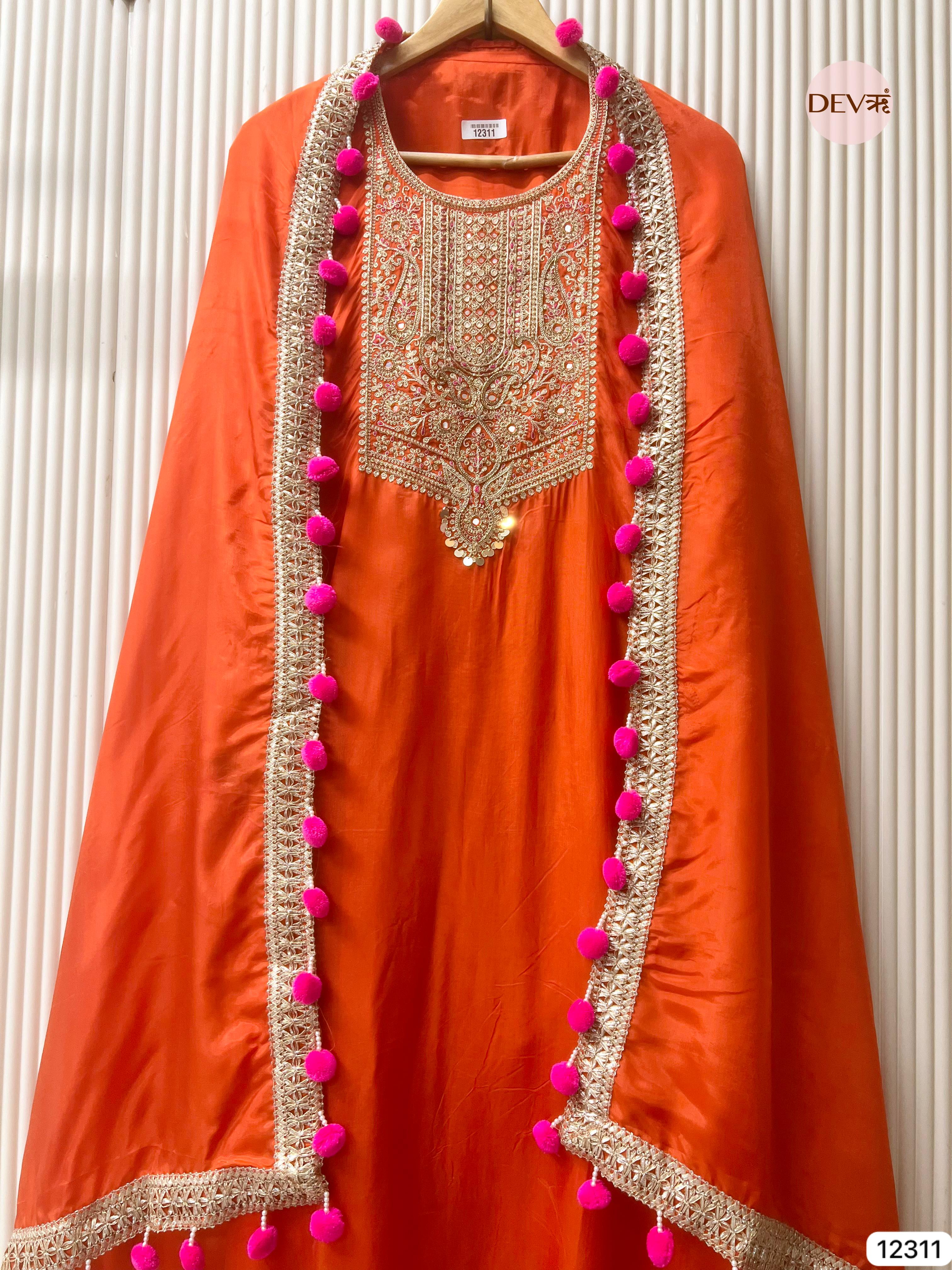 Orange Glass Organza Embroidered Unstitched 3-Piece Suit (Devri – D.No 12311)