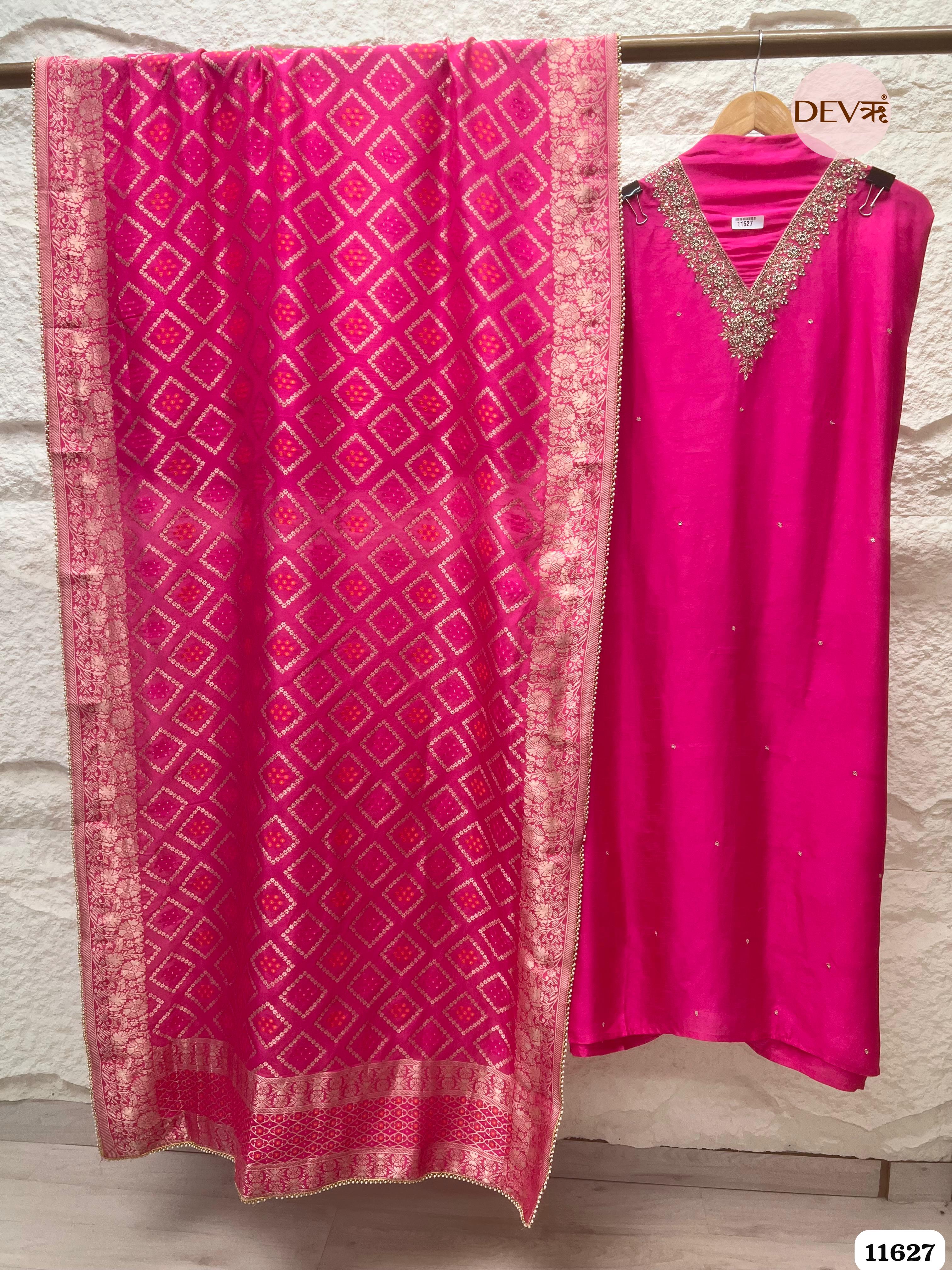 Hot Pink Pure Russian Silk Unstitched Hand Embroidered -Set Of 3 {11627}