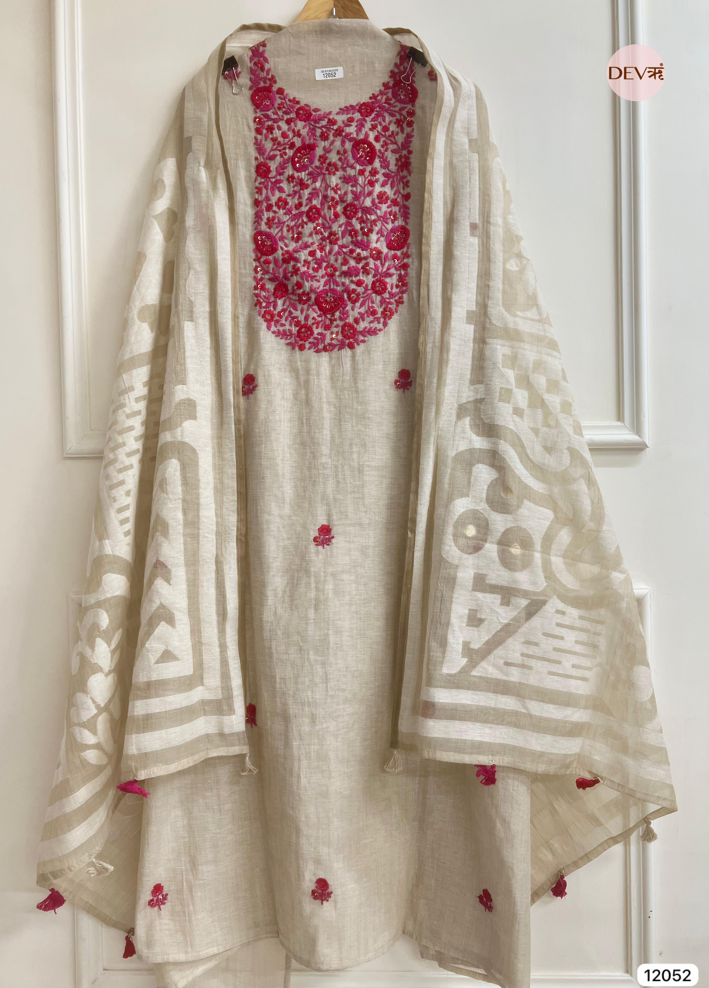Cream Colour Pure Khadi Silk Unstitched Embroidered -Set Of 3- {12052}