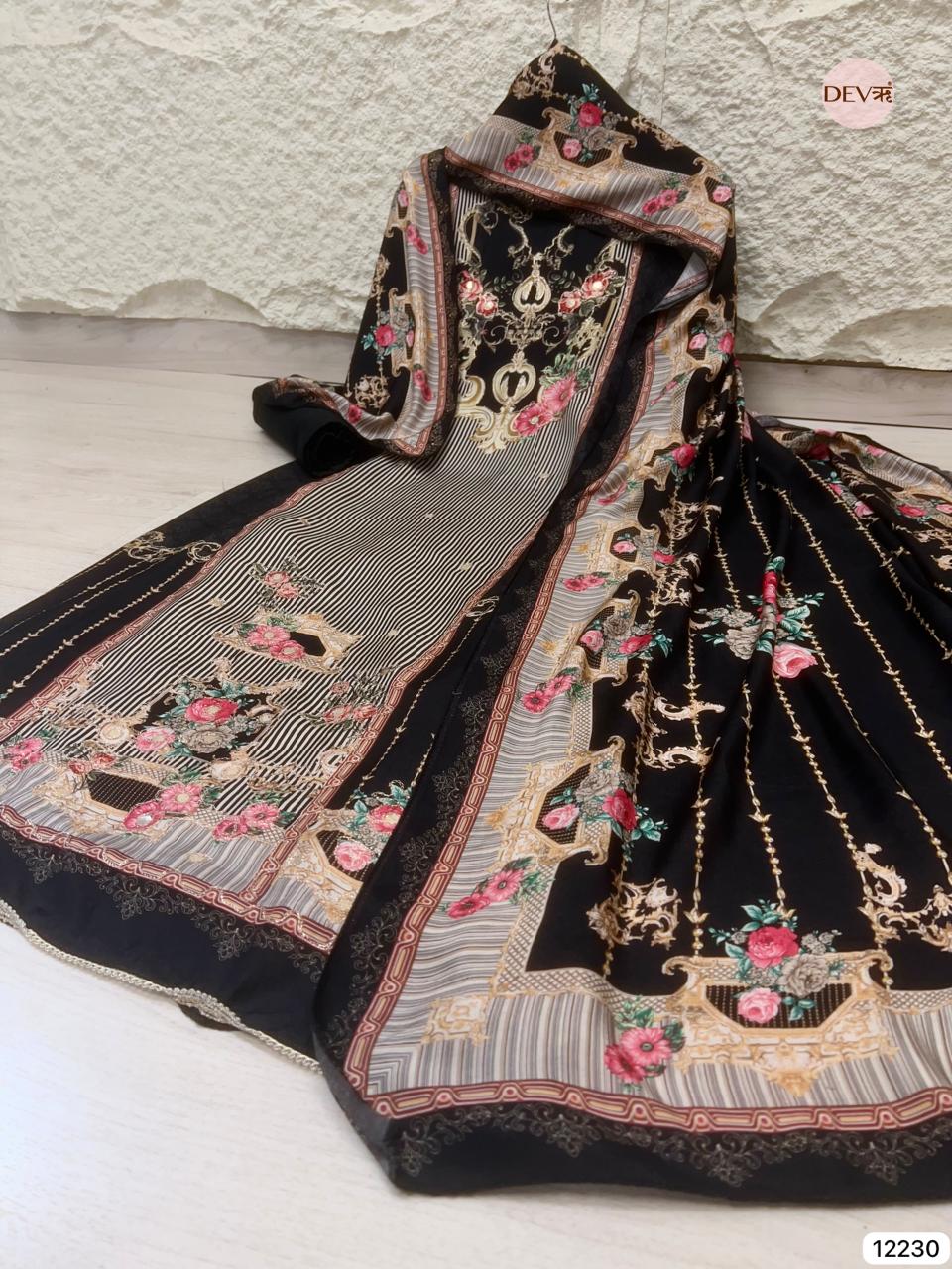 Black Pure Muslin Printed Unstitched 3-Piece Suit (Devri – D.No 12230)