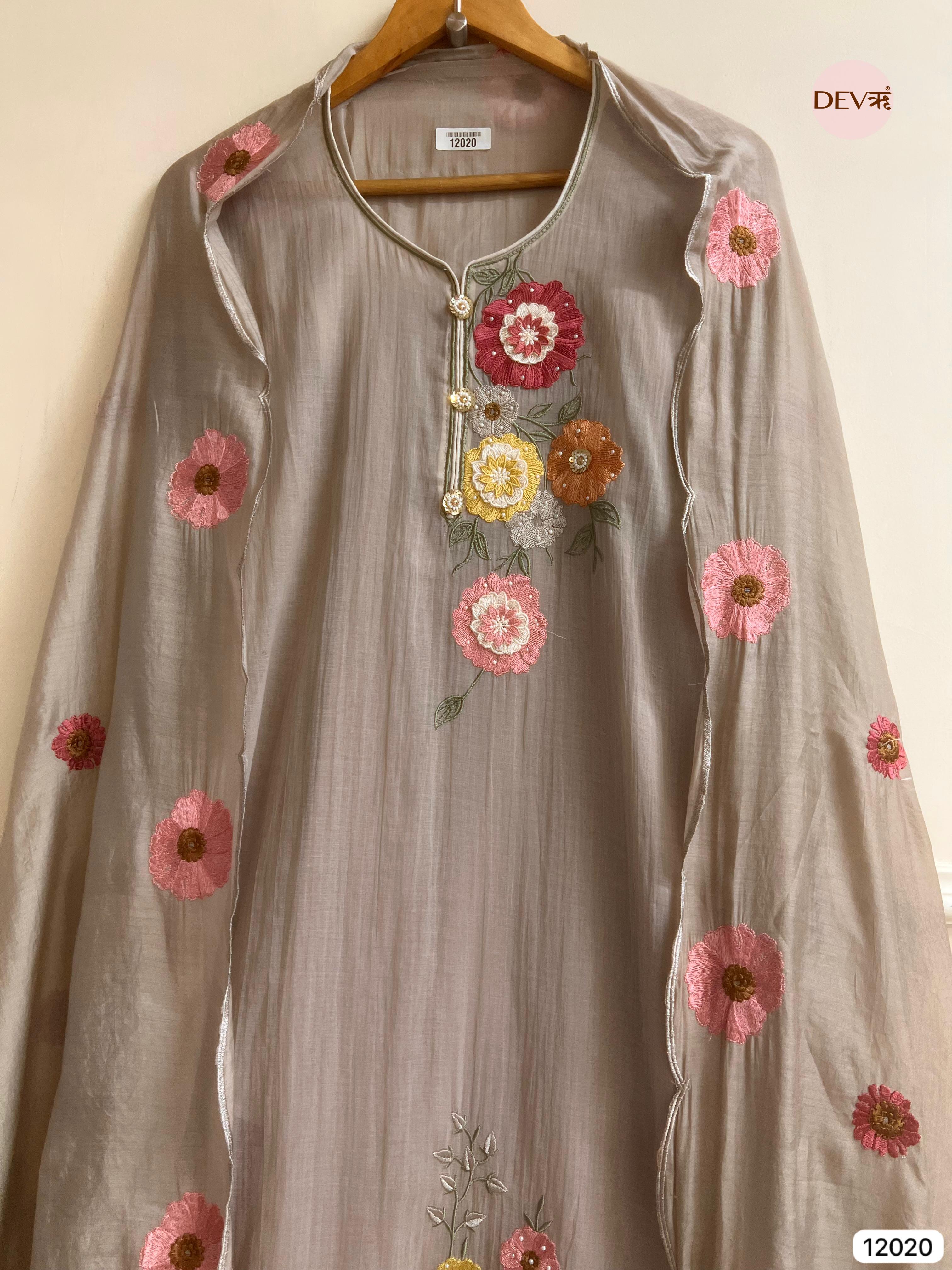 Brownish-Grey Pure Mul Chanderi Unstitched Embroidered -Set Of 3 - {12020}