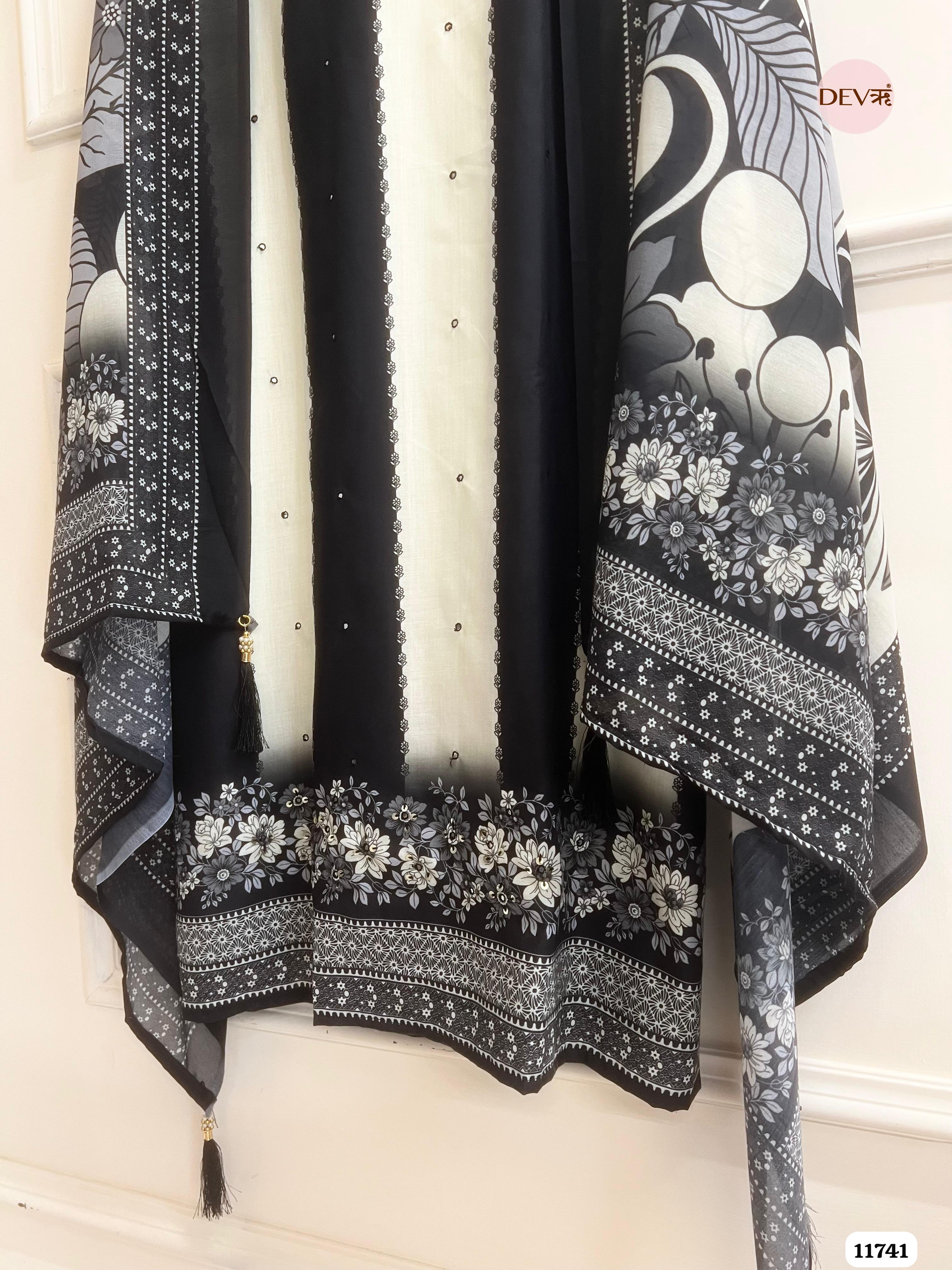 Black And White Cotton Unstitched Embroidered Printed -Set Of 3 {11741}