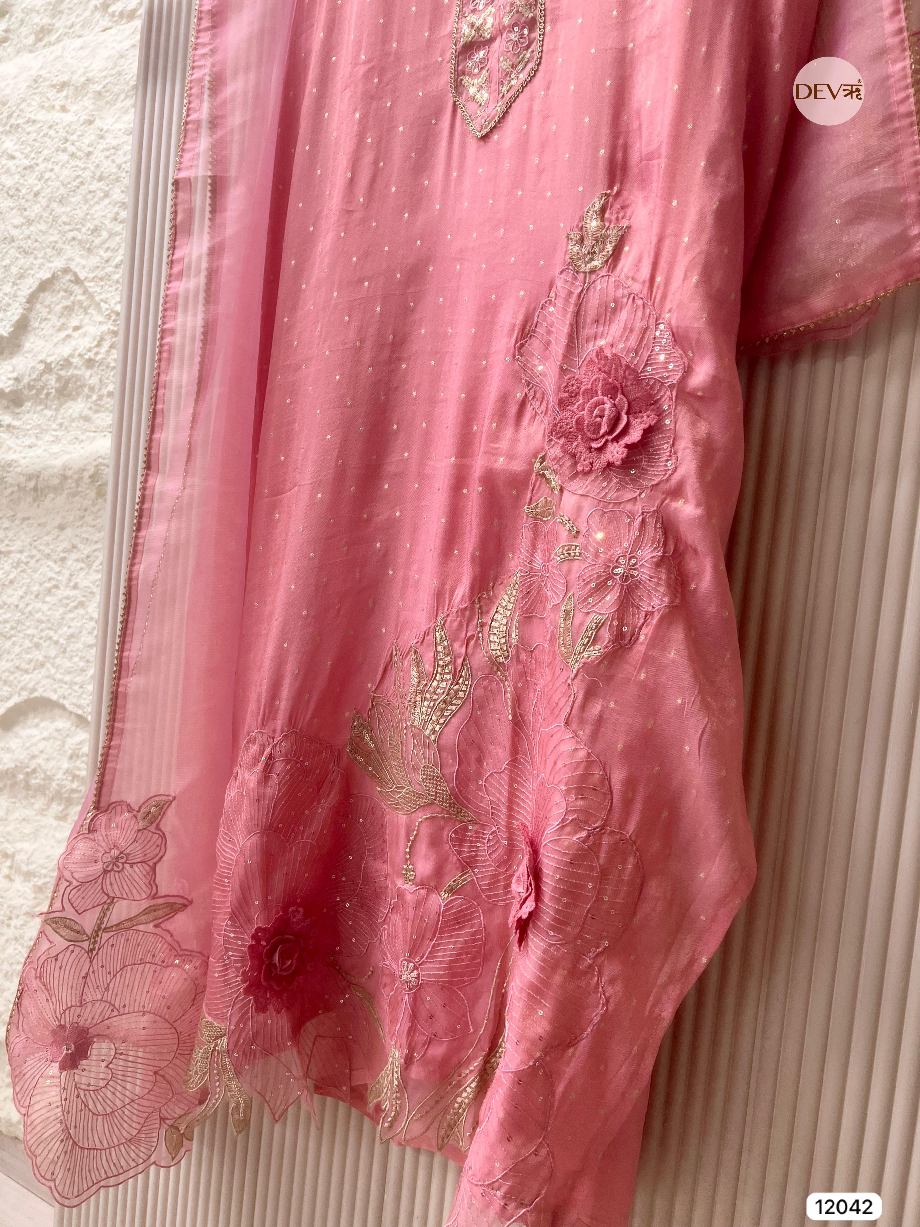 Pink Tissue Shimmer Silk Unstitched Embroidered -Set Of 3- {12042}