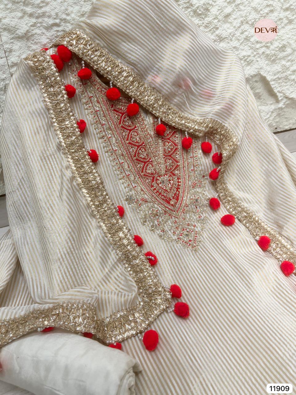 Cream Colour Tissue Shimmer Silk Unstitched Hand Embroidered -Set Of 3 - {11909}