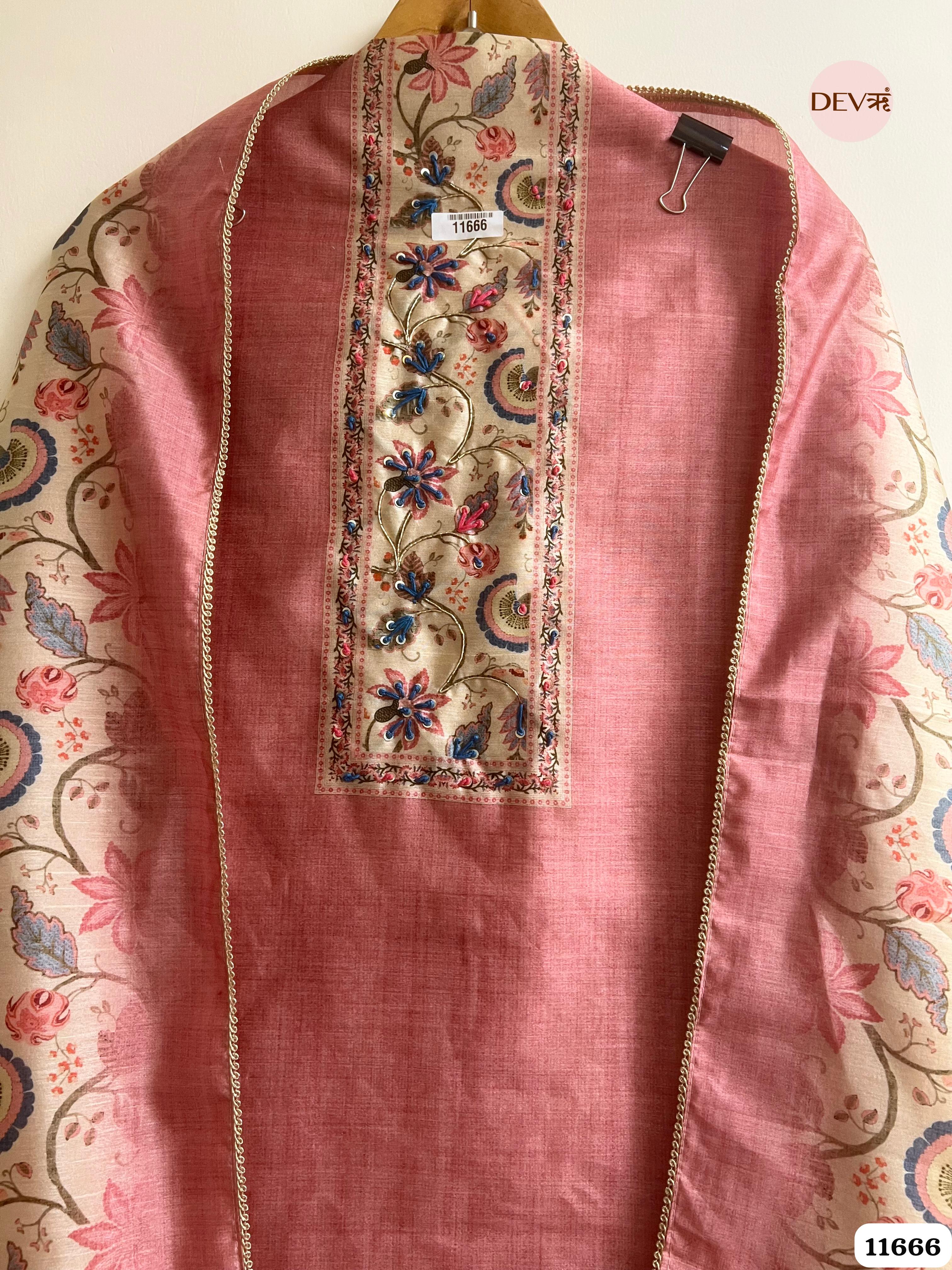 Pink Linen Silk Unstitched Printed Embroidered -Set Of 3