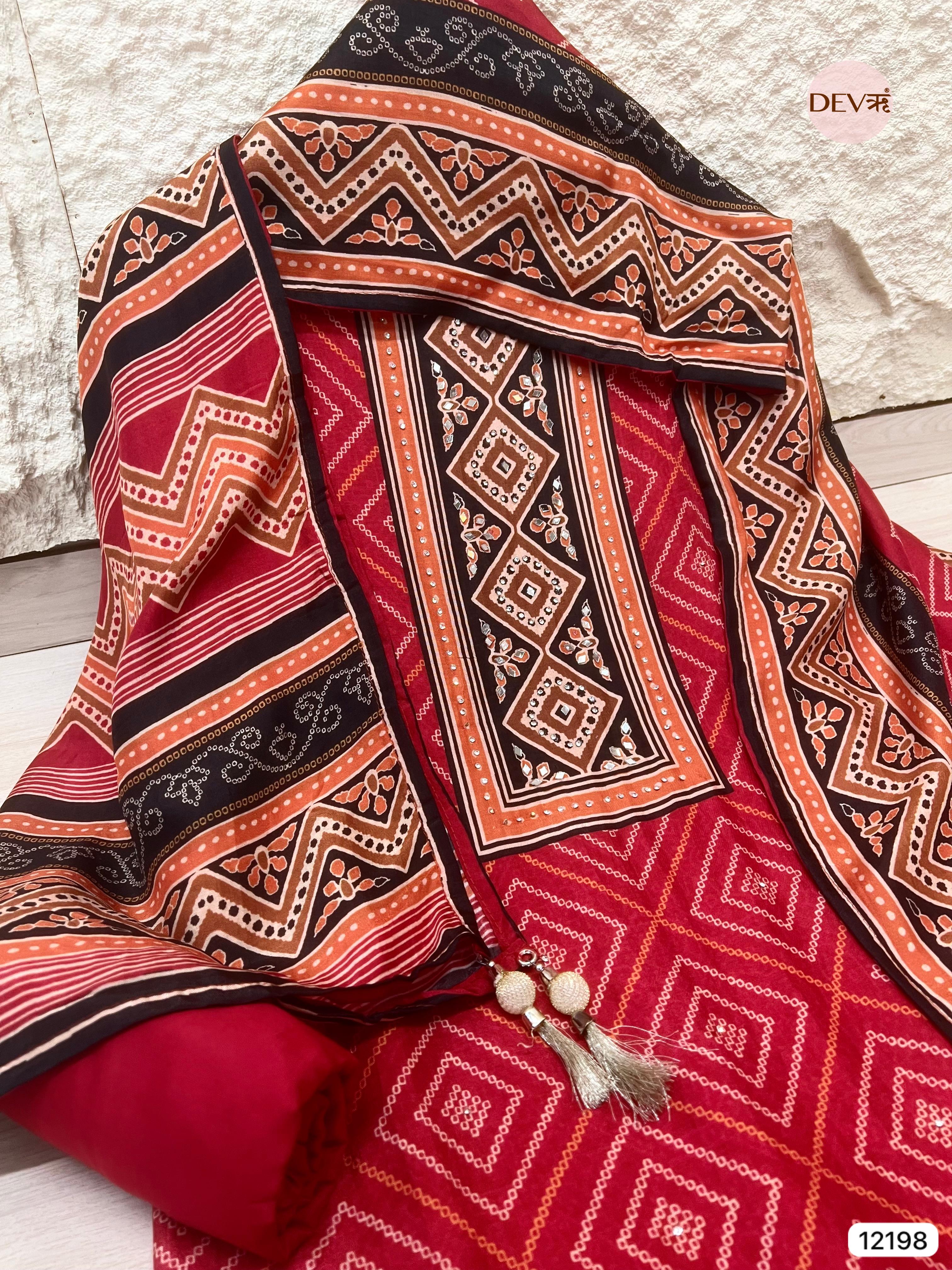 Red Pure russian silk Printed Unstitched Hand Embroidered -Set Of 3 - {12198}