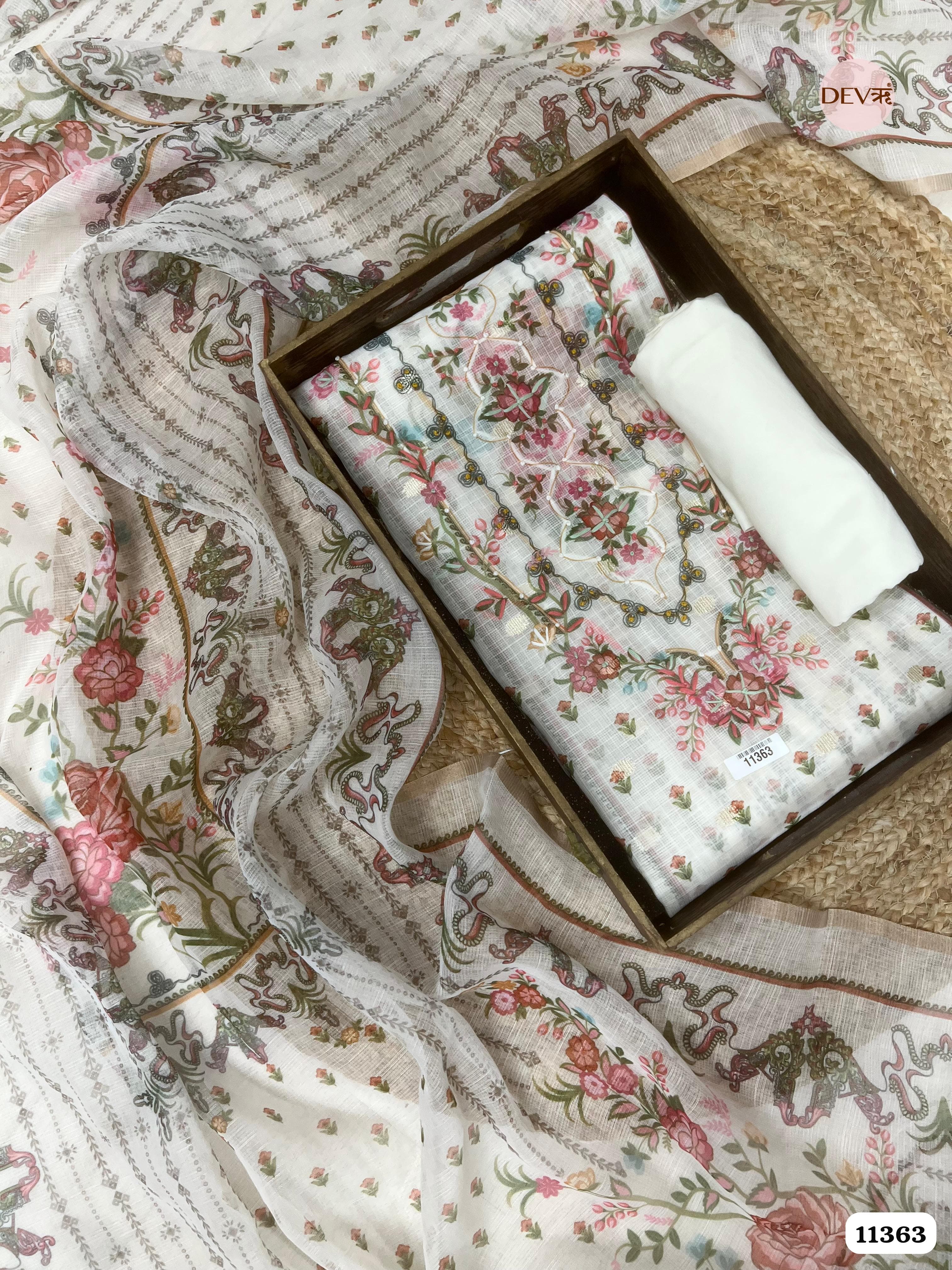 Off-White Or Cream Kota Silk Printed woven Unstitched Hand Embroidered -Set Of 3 {11363}