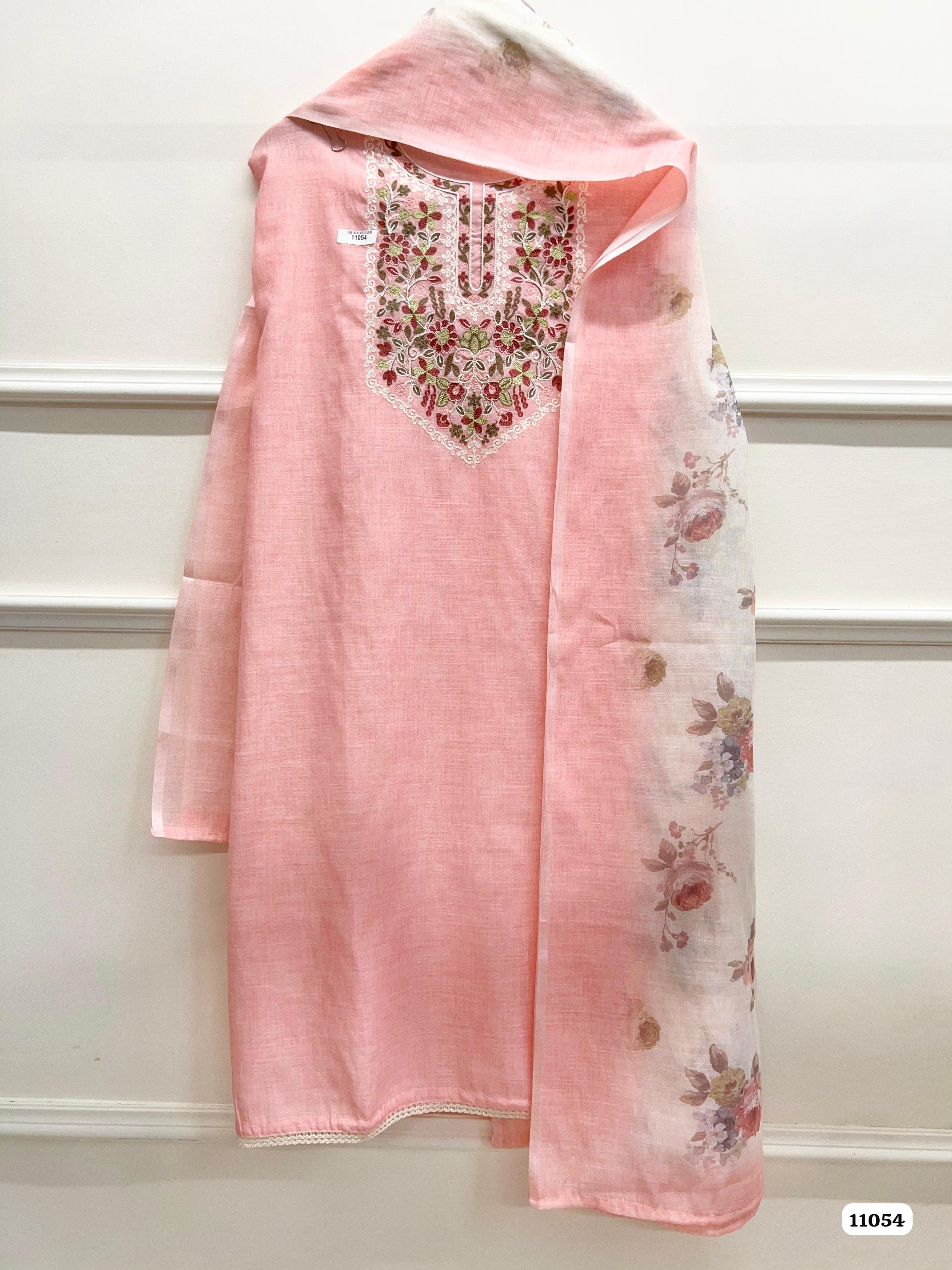Pink Khadi Cotton Unstitched Embroidered -Set Of 3 {11054}