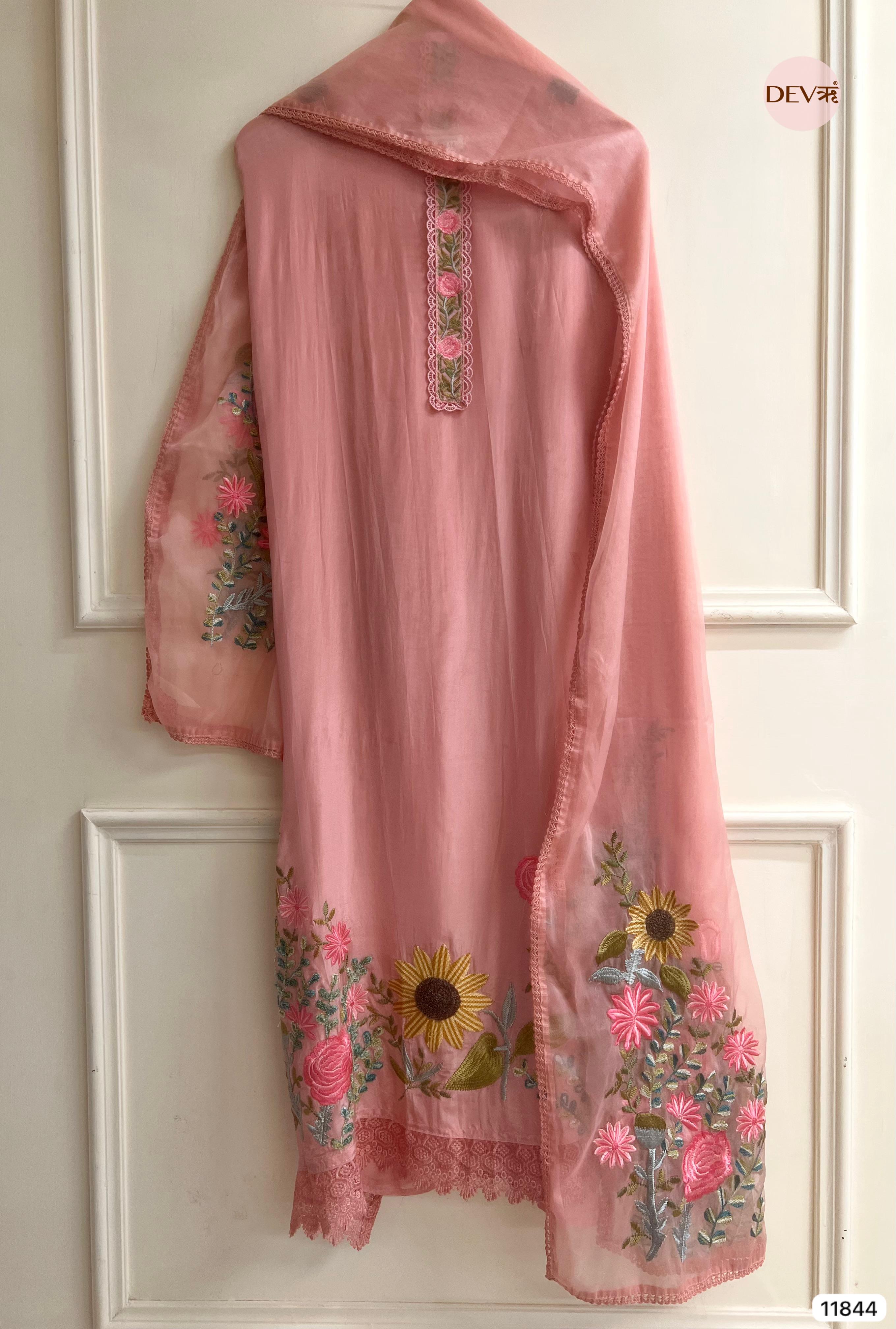 Pink Organza Silk Unstitched Embroidered -Set Of 3 - {11844}