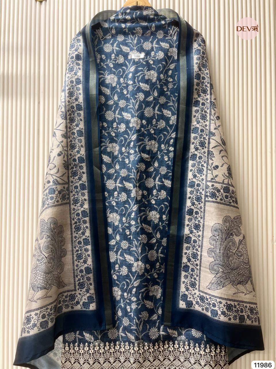 Blue Pure Tusser Silk Printed Unstitched 3-Piece Suit (Devri – D.No 11986)