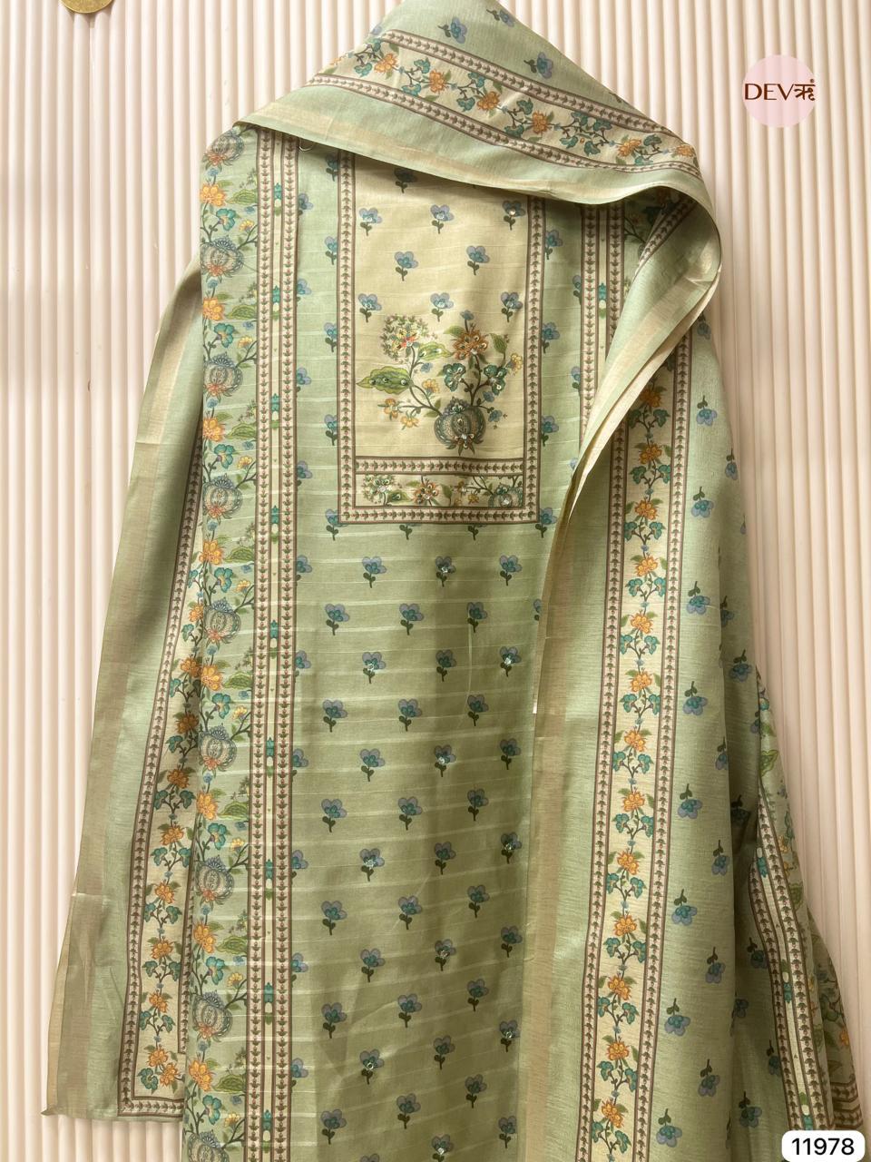 Sage Green Tusser Silk Hand-Embroidered Unstitched 3-Piece Suit (Devri – D.No 11978)