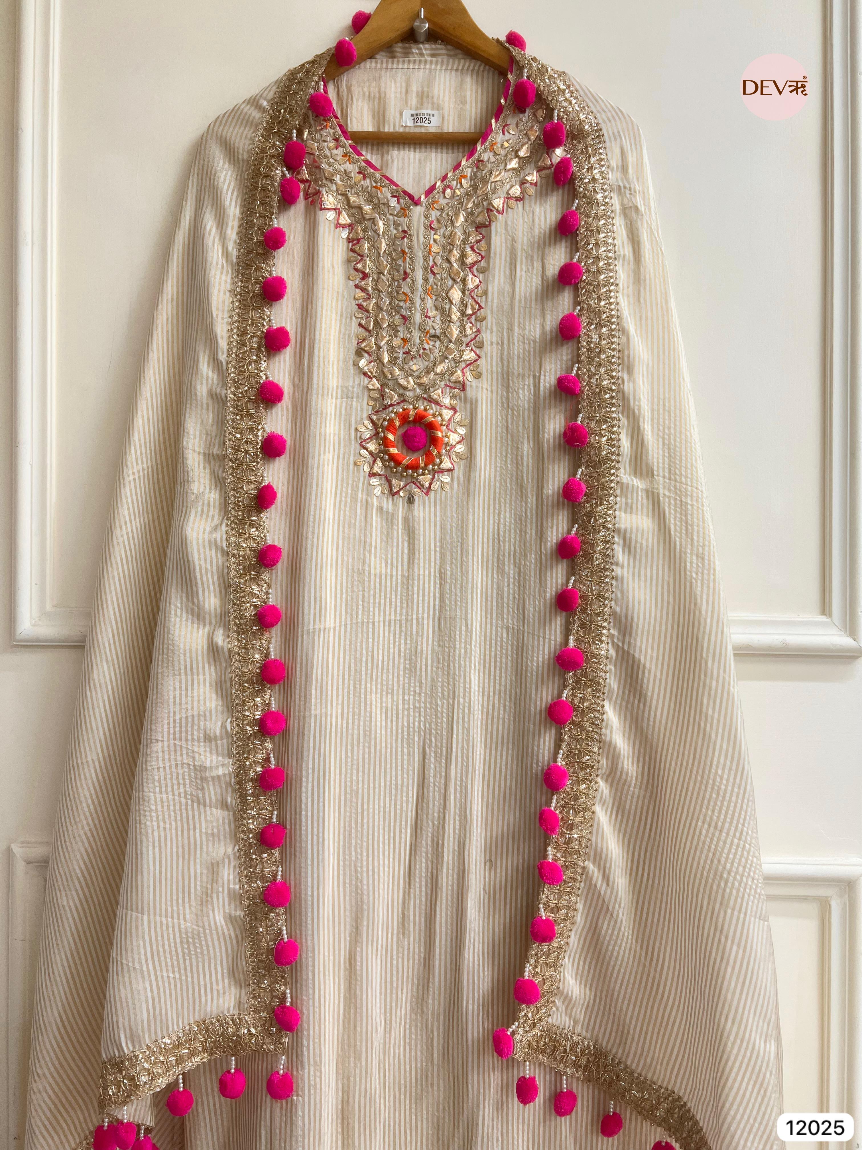 Cream colour Tissue Shimmer Silk Unstitched Gota Patti Hand Embroidered -Set Of 3 - {12025}