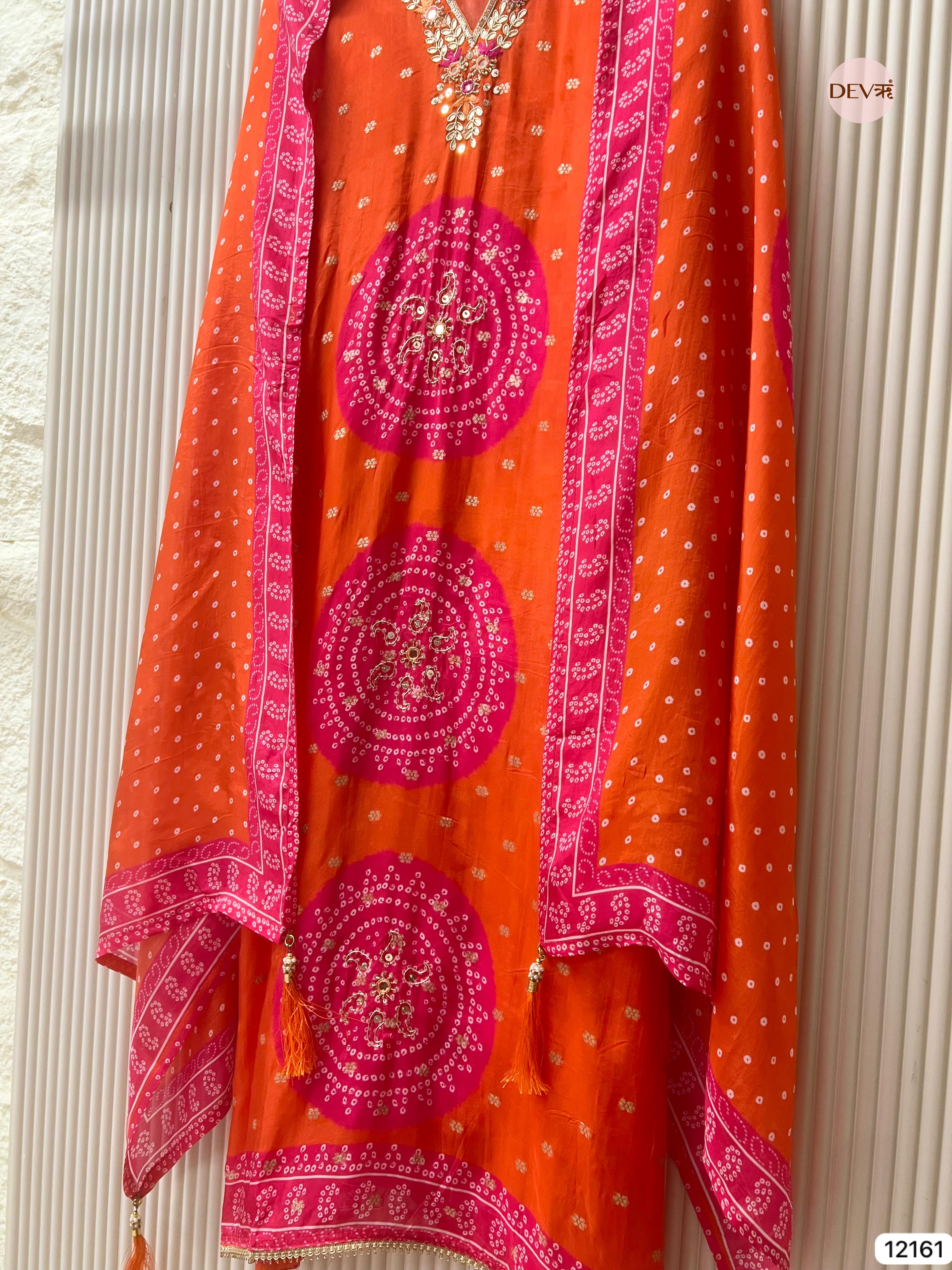 Orange Pure Shimmer Organza Silk Unstitched Banarasi Woven Bandhani Printed Hand Embroidered -Set Of 3 - {12161}