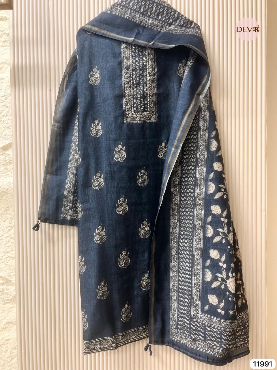 Navy Mul Chanderi Printed Unstitched 3-Piece Suit (Devri – D.No 11991)