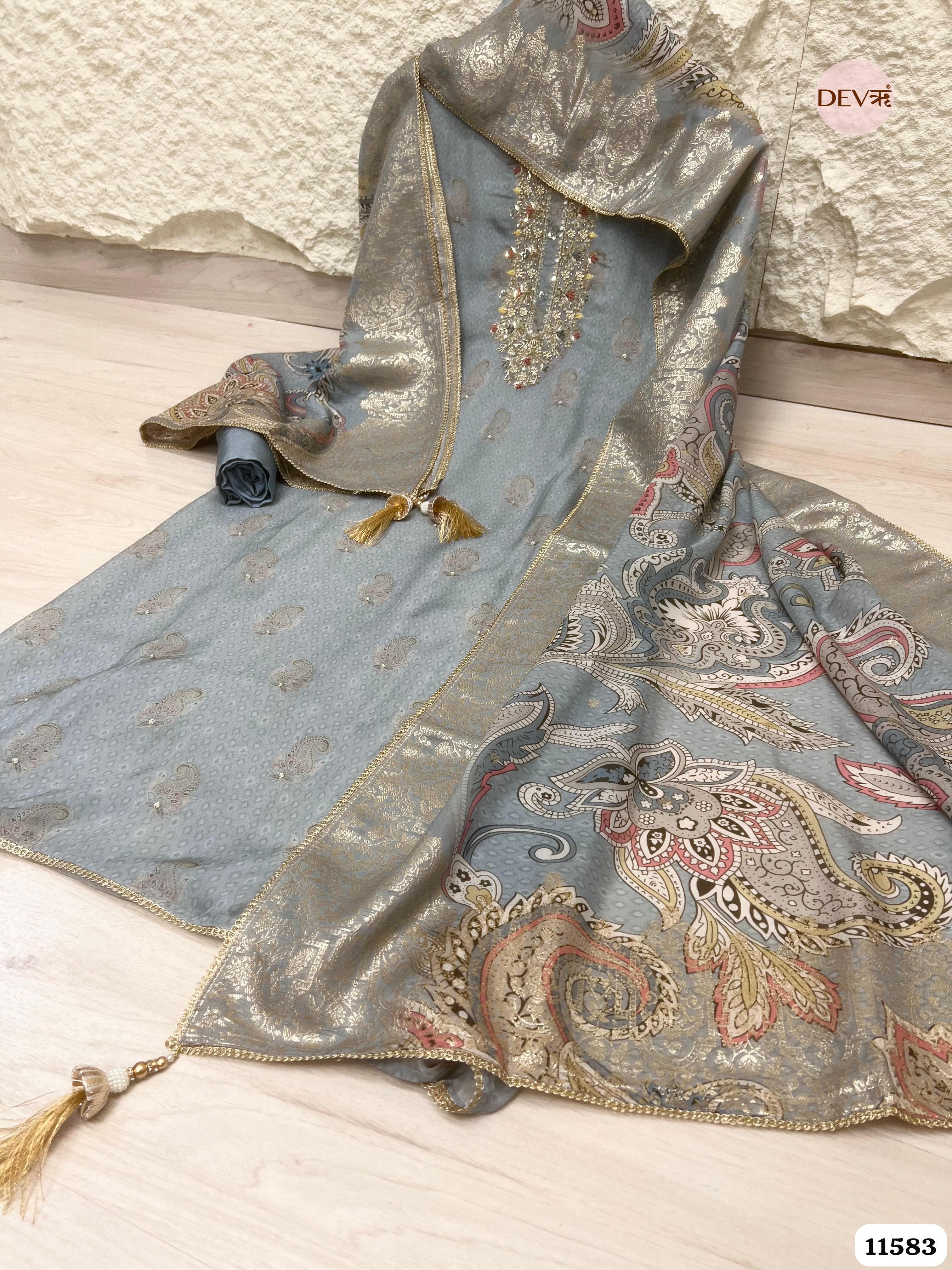 Light Grey Pure Silk Unstitched Printed Hand Embroidered -Set Of 3 {11583}