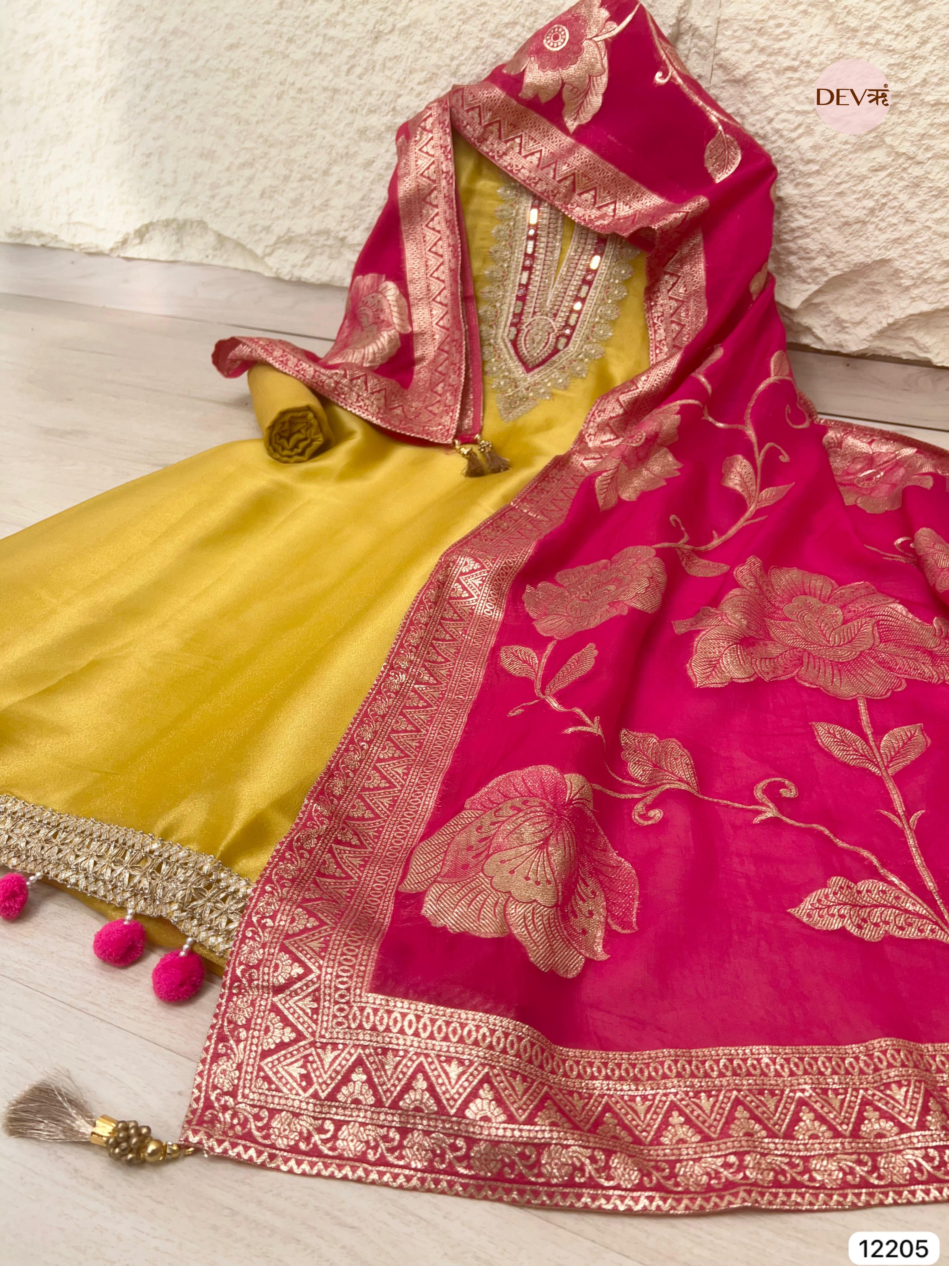 Yellow Shimmer Silk Embroidered Unstitched 3-Piece Suit (Devri – D.No 12205)